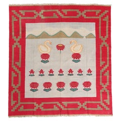 Vintage Dhurrie Flat Weave in Red and Blue with Swan Pictorials by Rug & Kilim
