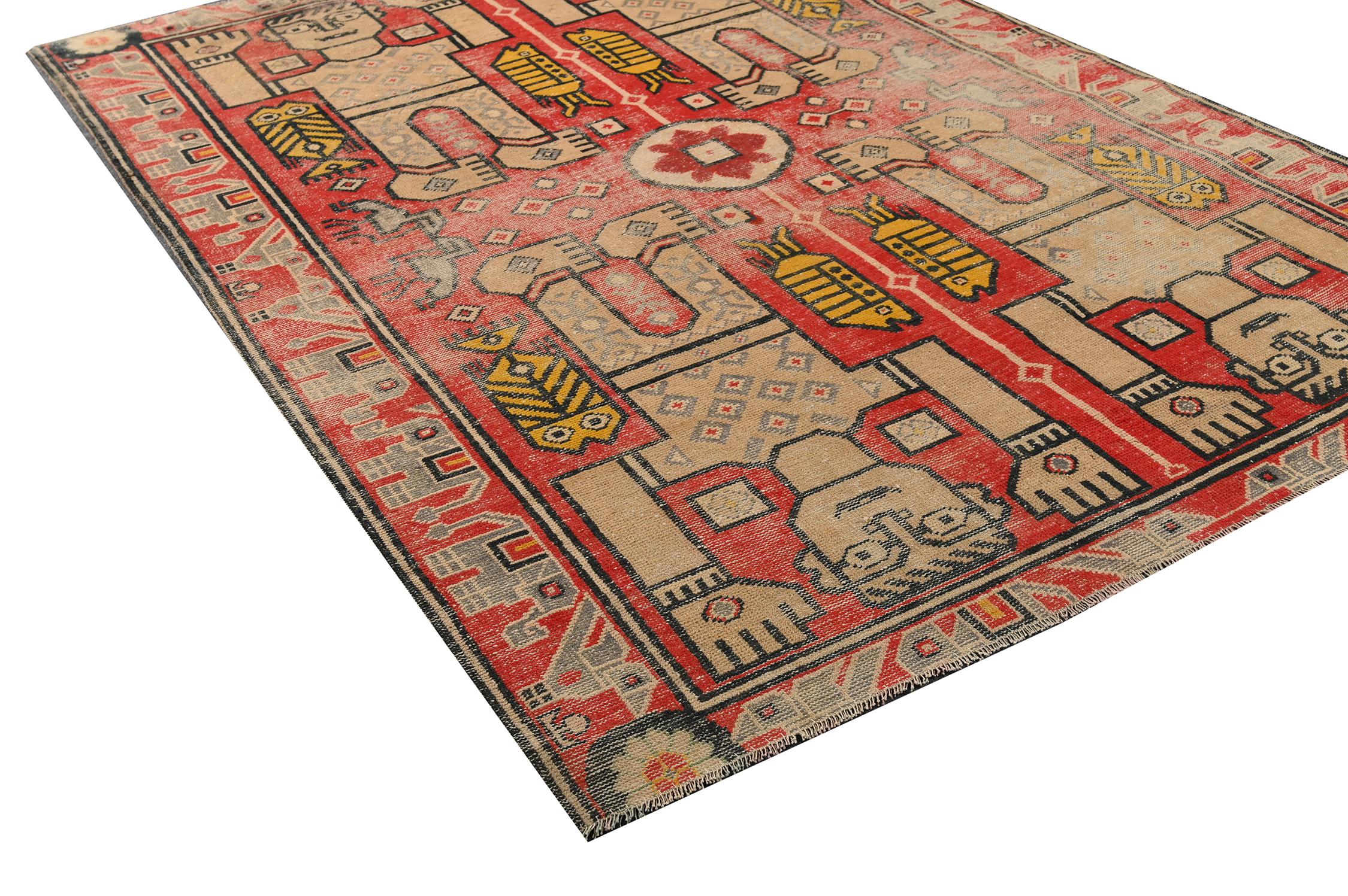 Indian Vintage Dhurrie Flat Weave in Red with Beige Pictorials by Rug & Kilim For Sale