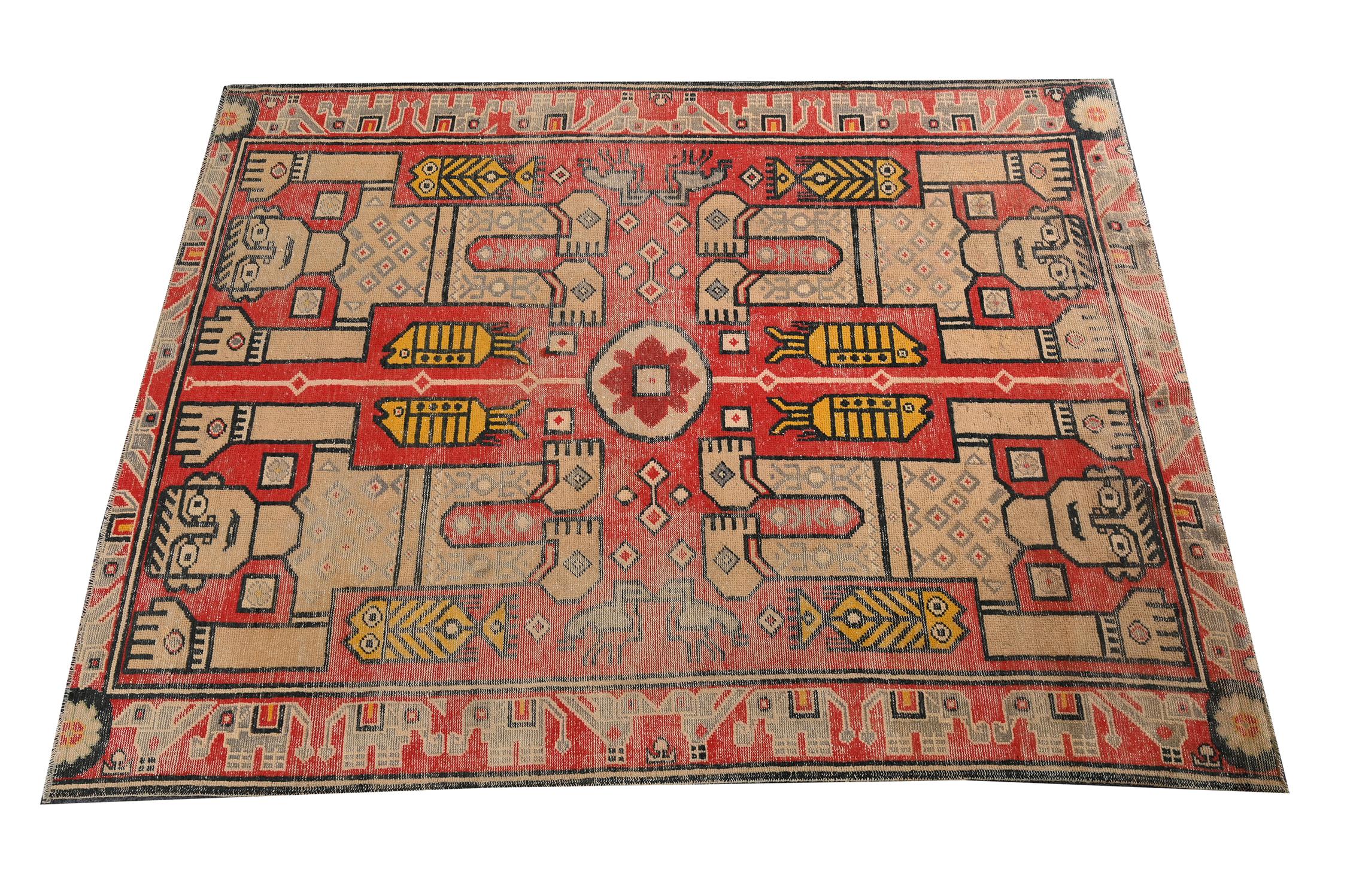 Vintage Dhurrie Flat Weave in Red with Beige Pictorials by Rug & Kilim In Good Condition For Sale In Long Island City, NY