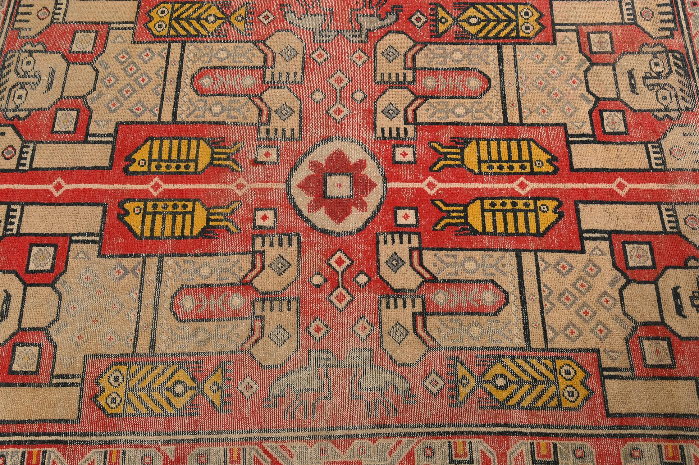 Mid-20th Century Vintage Dhurrie Flat Weave in Red with Beige Pictorials by Rug & Kilim For Sale