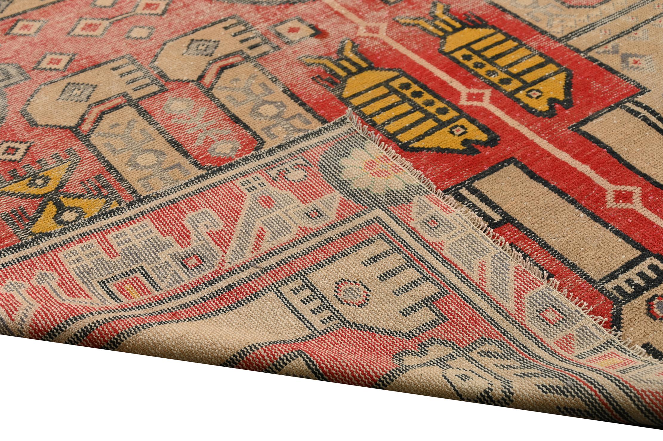 Vintage Dhurrie Flat Weave in Red with Beige Pictorials by Rug & Kilim For Sale 1
