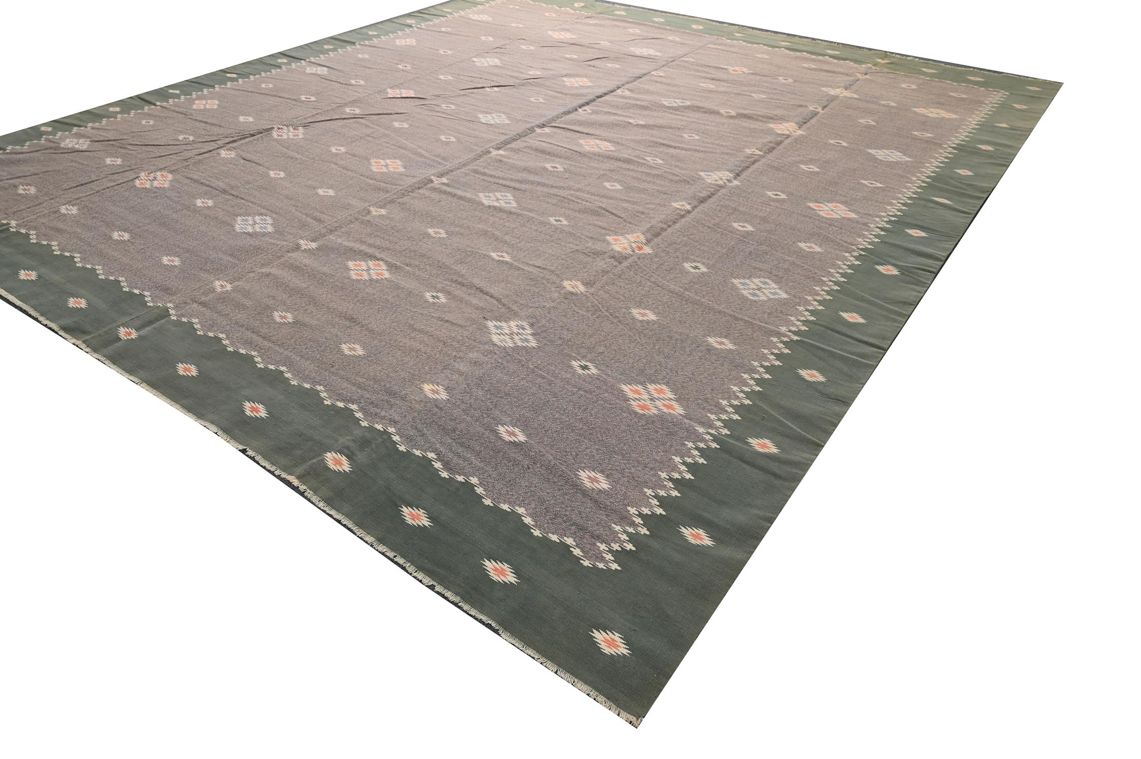 Indian Vintage Dhurrie Flat Weave in Taupe with Geometric Patterns by Rug & Kilim For Sale