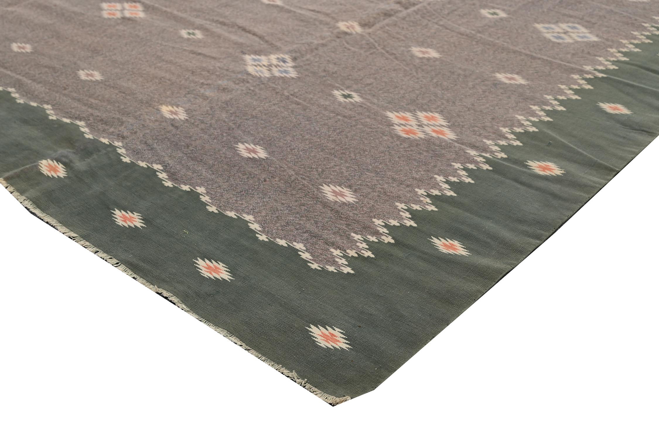 Hand-Knotted Vintage Dhurrie Flat Weave in Taupe with Geometric Patterns by Rug & Kilim For Sale