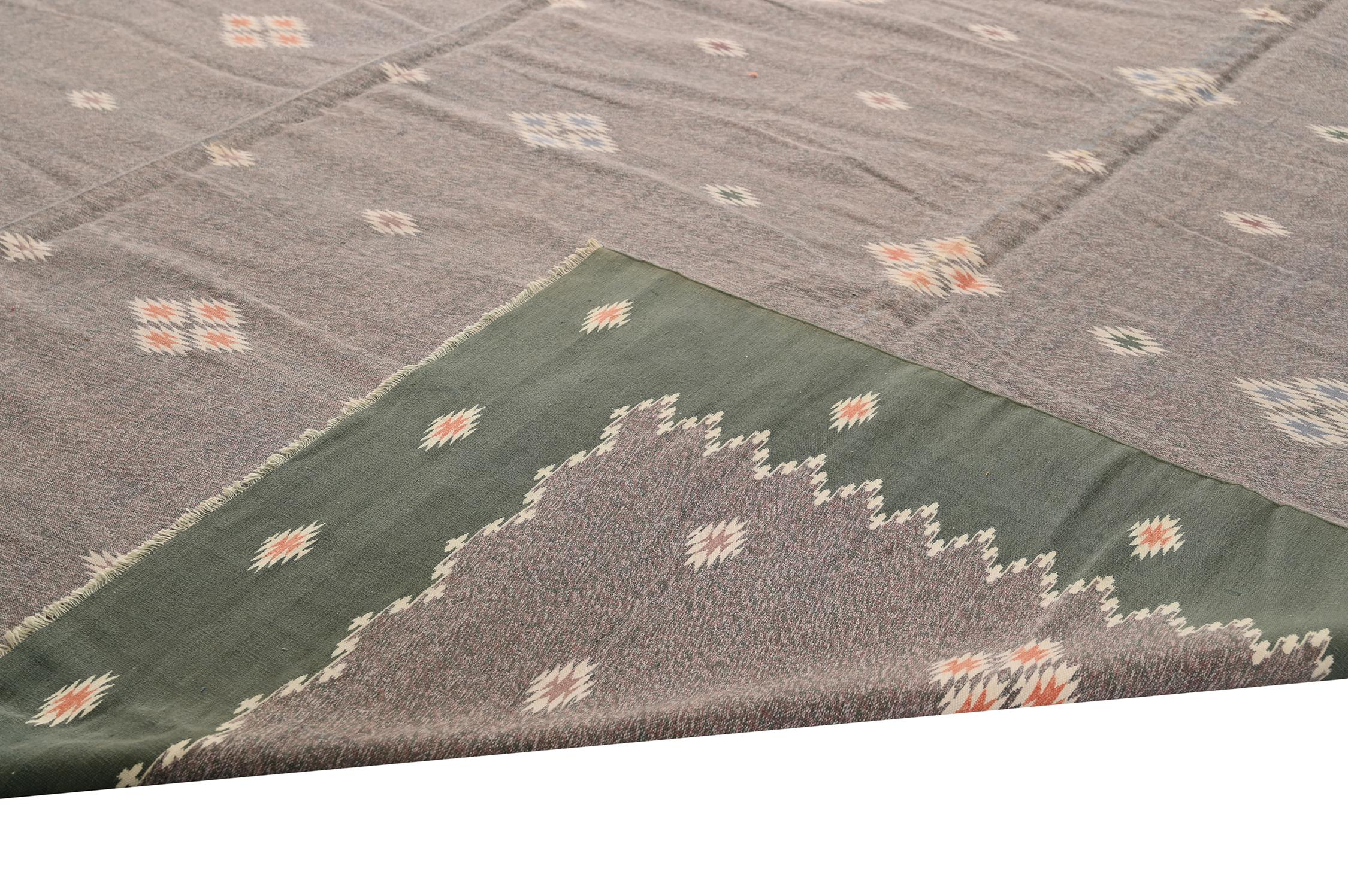 Cotton Vintage Dhurrie Flat Weave in Taupe with Geometric Patterns by Rug & Kilim For Sale