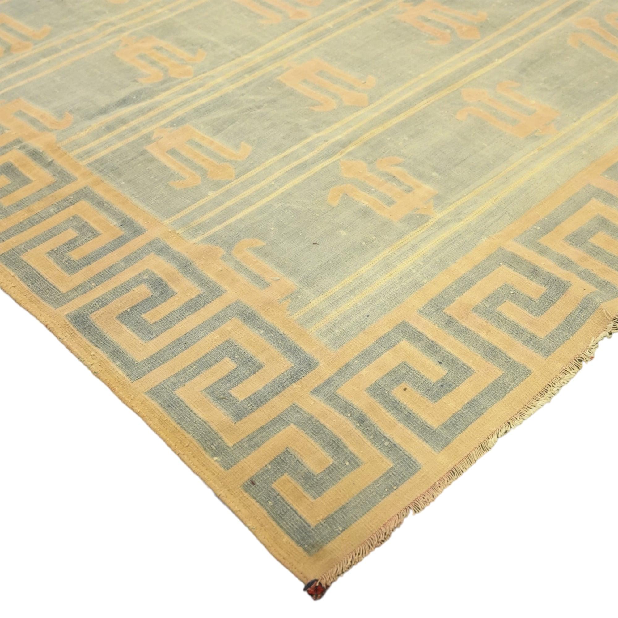 Hand-Woven Vintage Dhurrie Geometric Rug in Brown For Sale