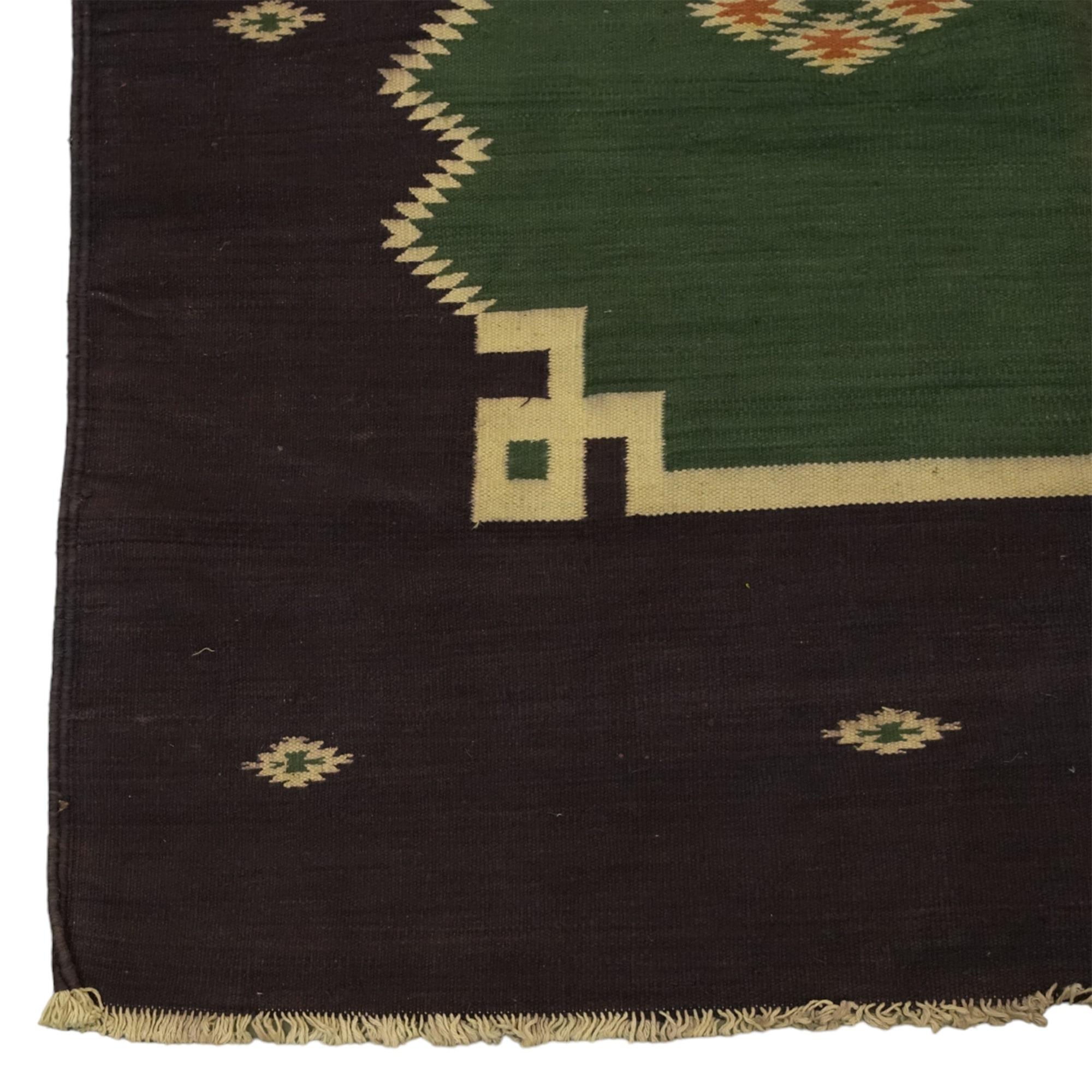 Hand-Woven Vintage Dhurrie Geometric Rug in Green and Brown from Rug & Kilim For Sale