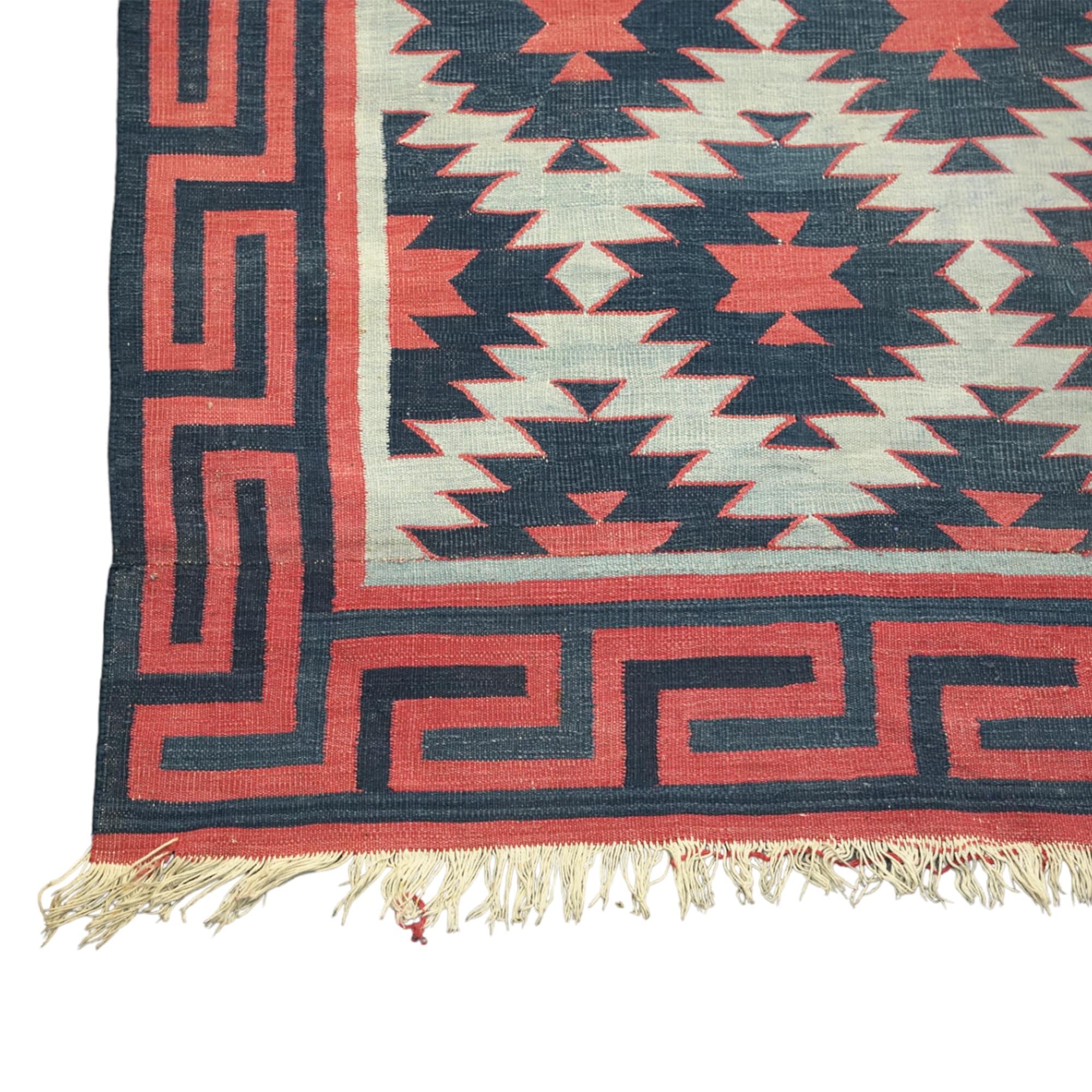 Indian Vintage Dhurrie Geometric Rug in Pink and Blue, from Rug & Kilim For Sale