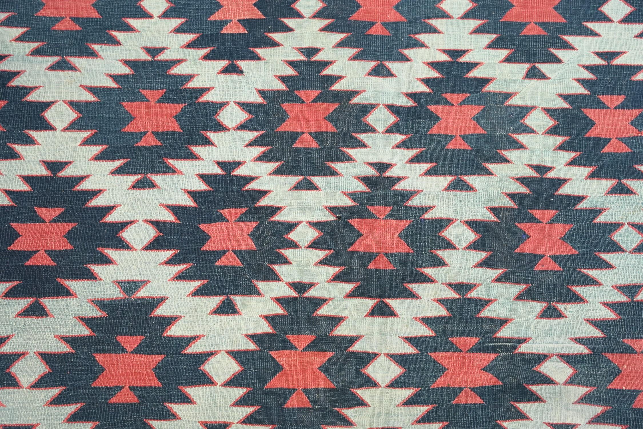 Hand-Woven Vintage Dhurrie Geometric Rug in Pink and Blue, from Rug & Kilim For Sale