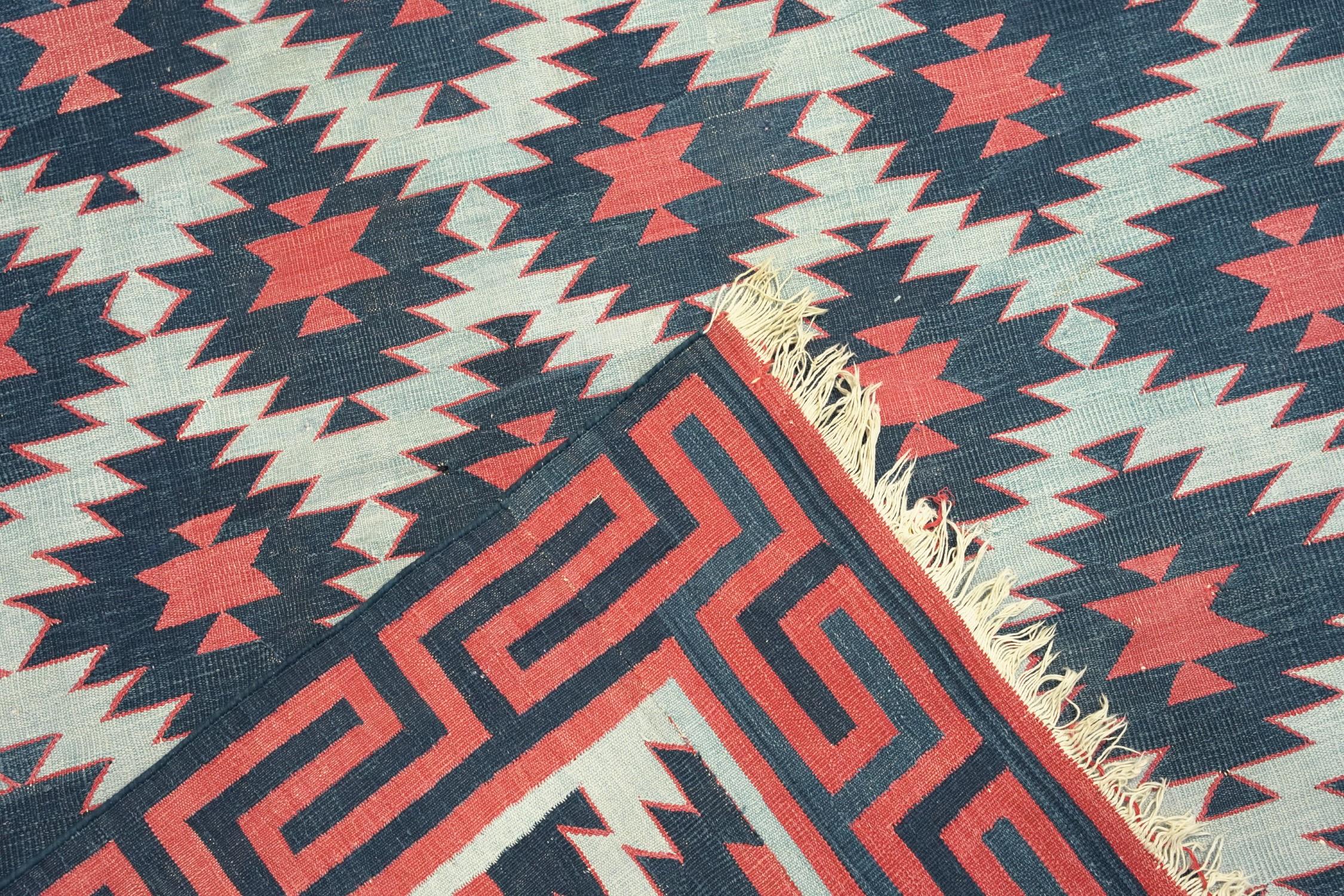 Mid-20th Century Vintage Dhurrie Geometric Rug in Pink and Blue, from Rug & Kilim For Sale