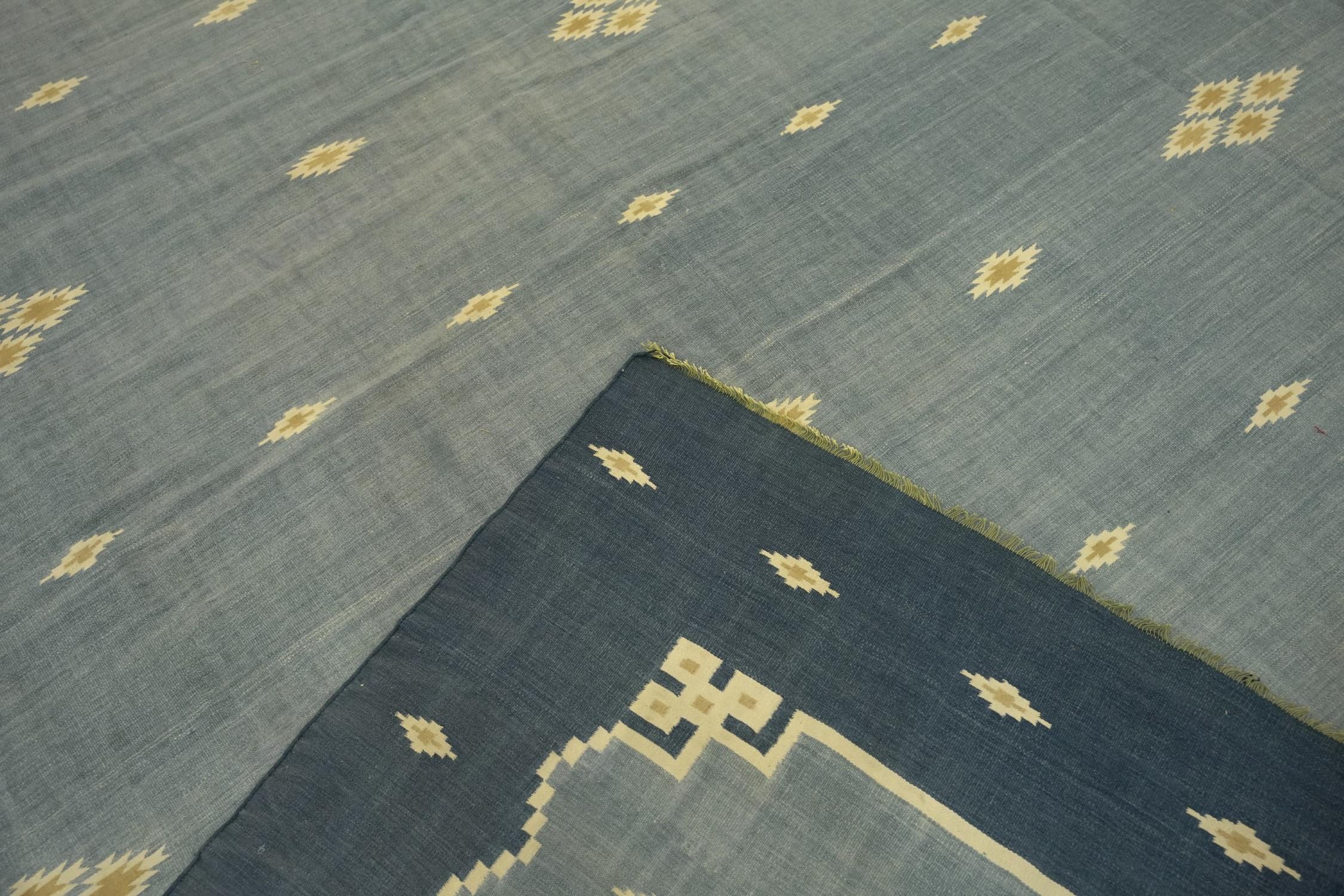 Hand-Woven Vintage Dhurrie Geometric Runner Rug in Blue, from Rug & Kilim For Sale