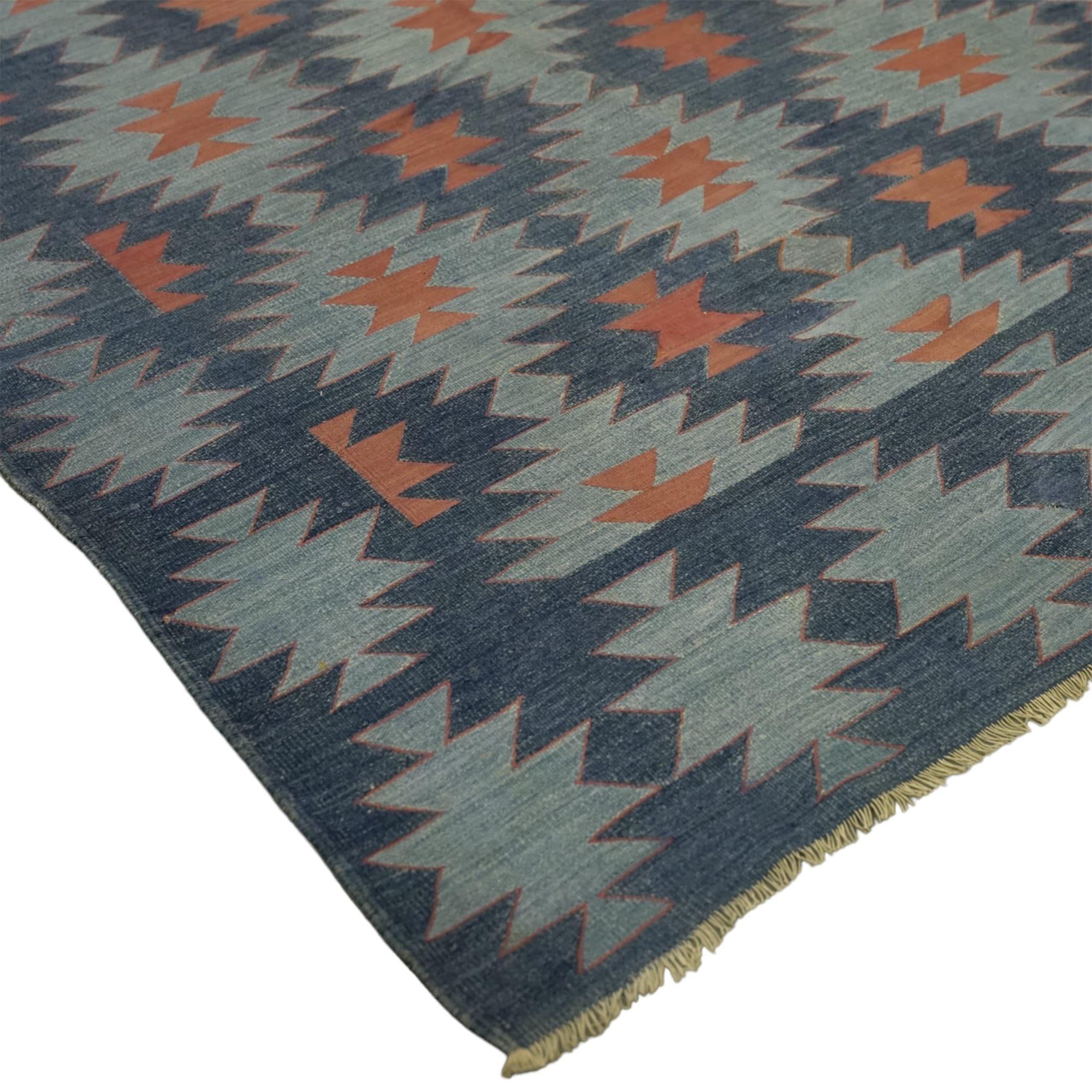 Hand-Woven Vintage Dhurrie Geometric Runner Rug in Blue from Rug & Kilim For Sale