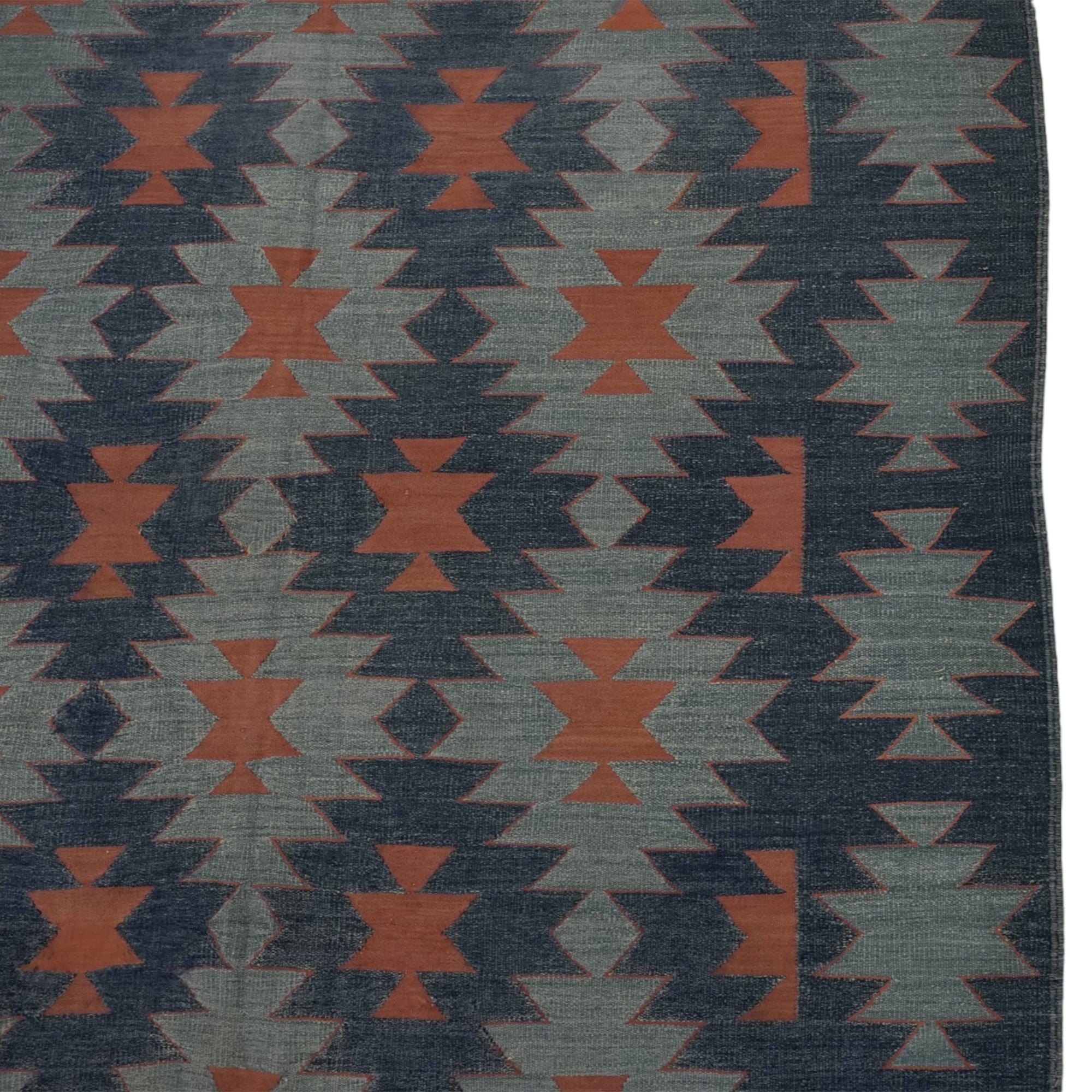 Vintage Dhurrie Geometric Runner Rug in Blue from Rug & Kilim In Good Condition For Sale In Long Island City, NY