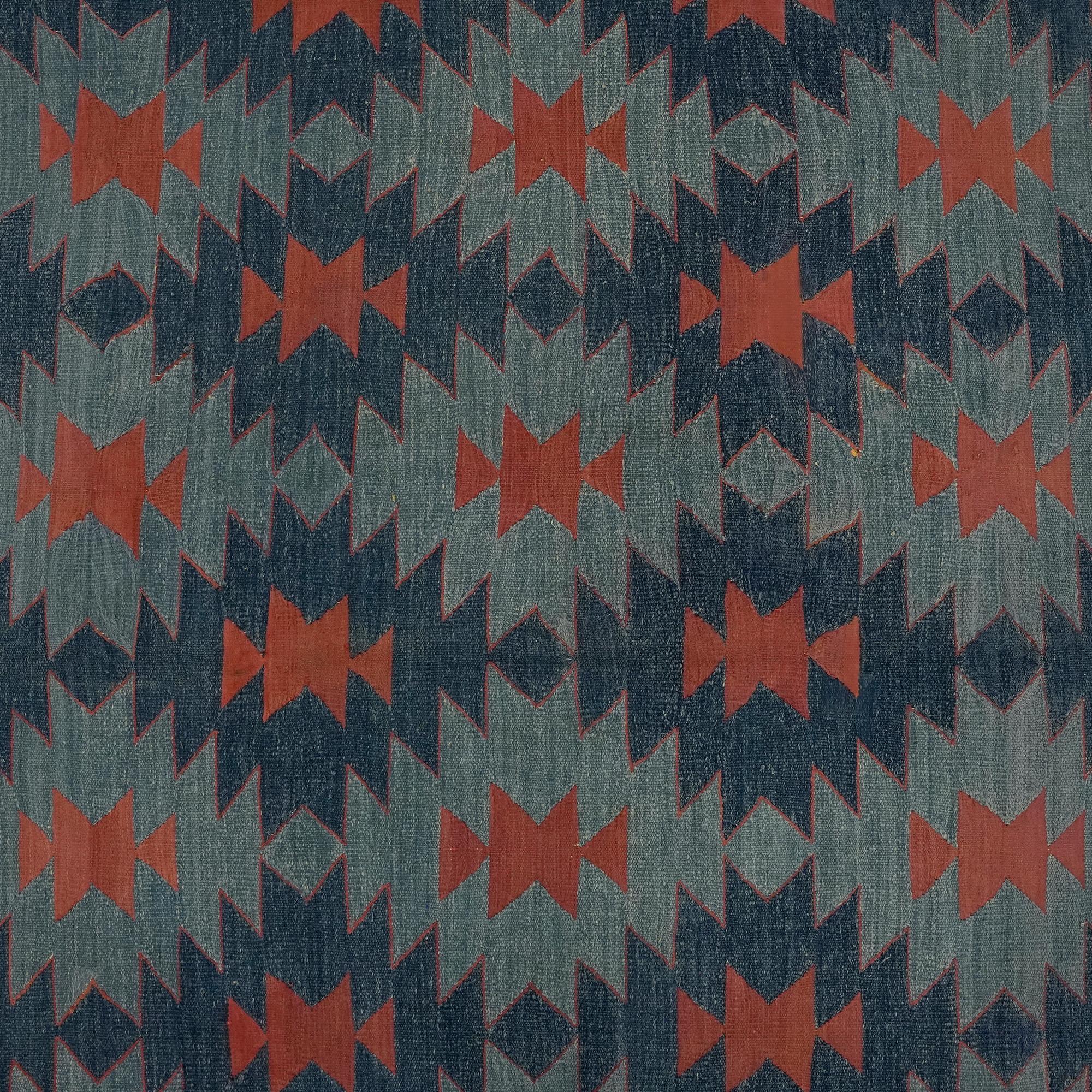 Mid-20th Century Vintage Dhurrie Geometric Runner Rug in Blue from Rug & Kilim For Sale