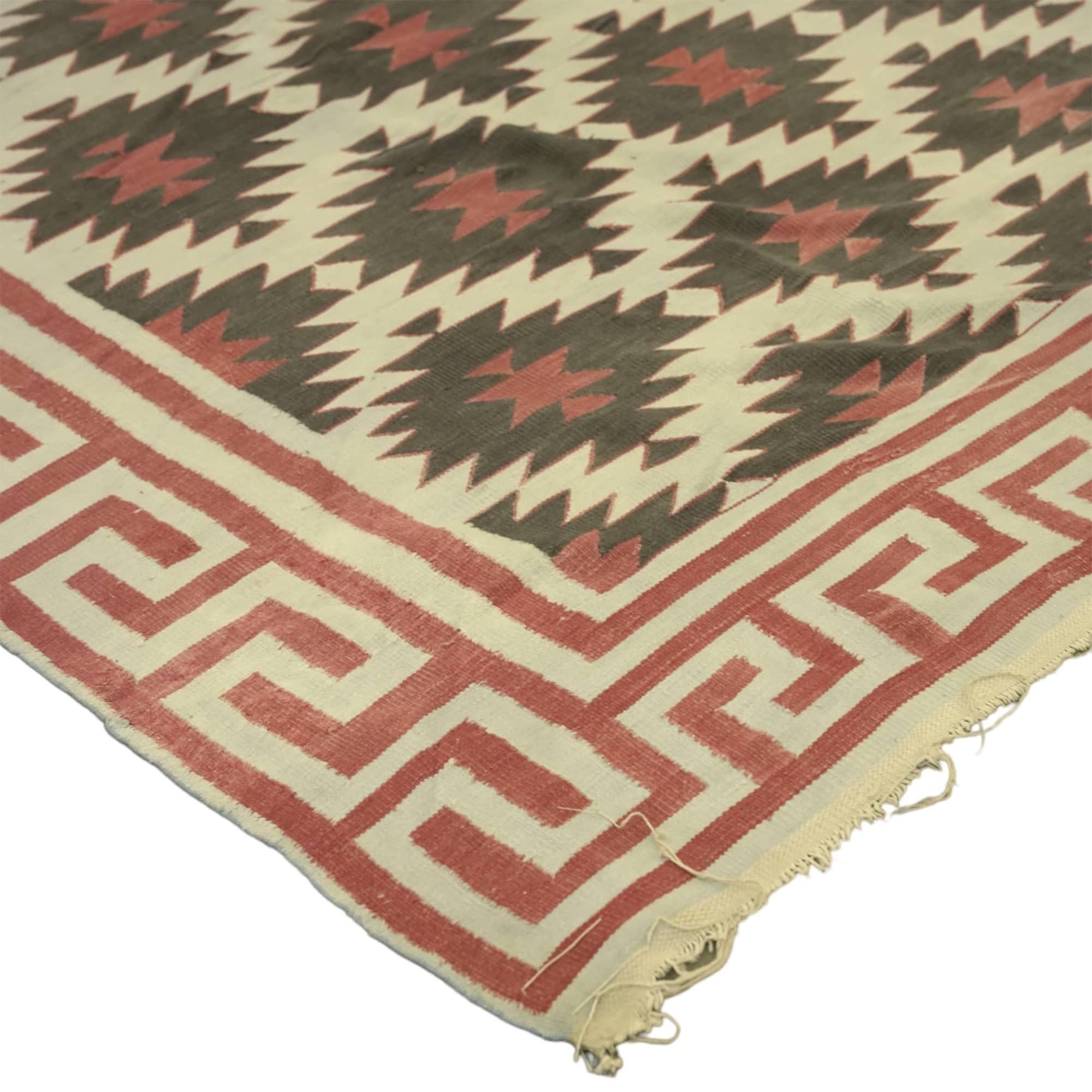 Indien Tapis carré géométrique Vintage Dhurrie en vente