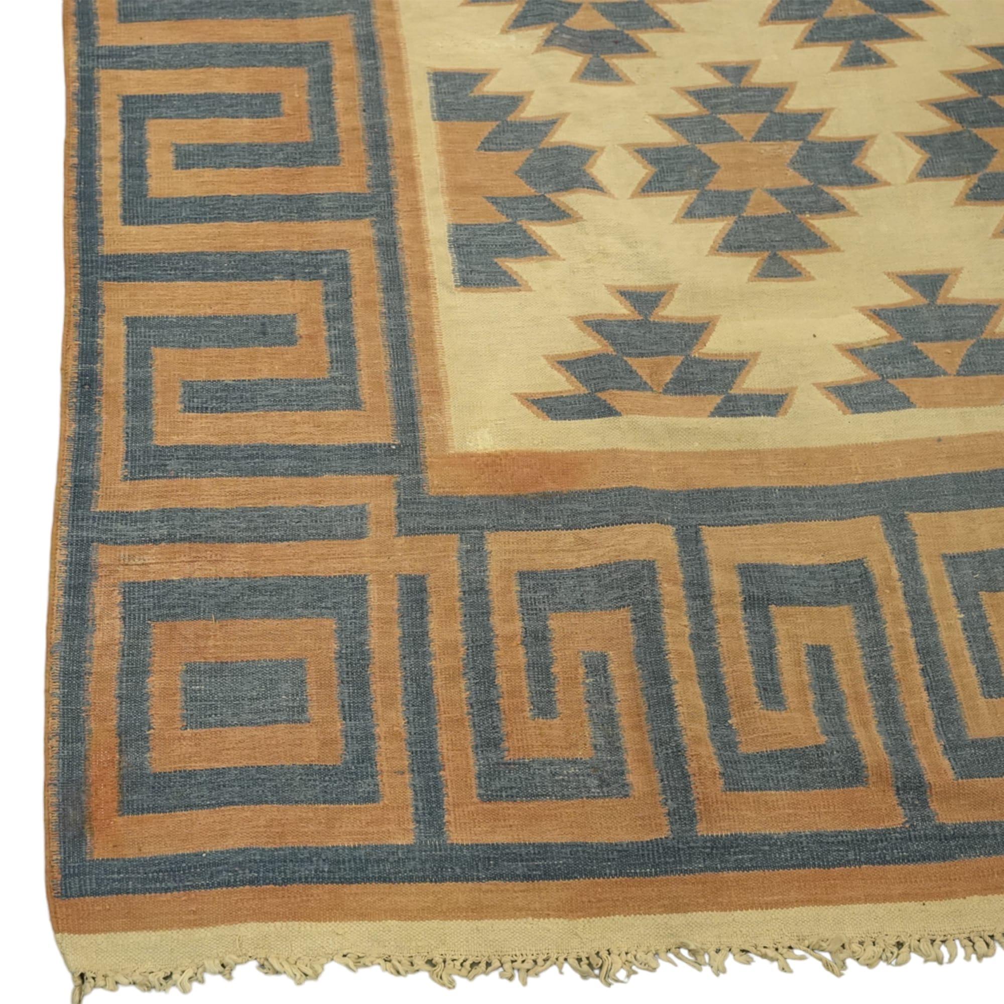 Hand-Woven Vintage Dhurrie Geometric Square Rug from Rug & Kilim For Sale