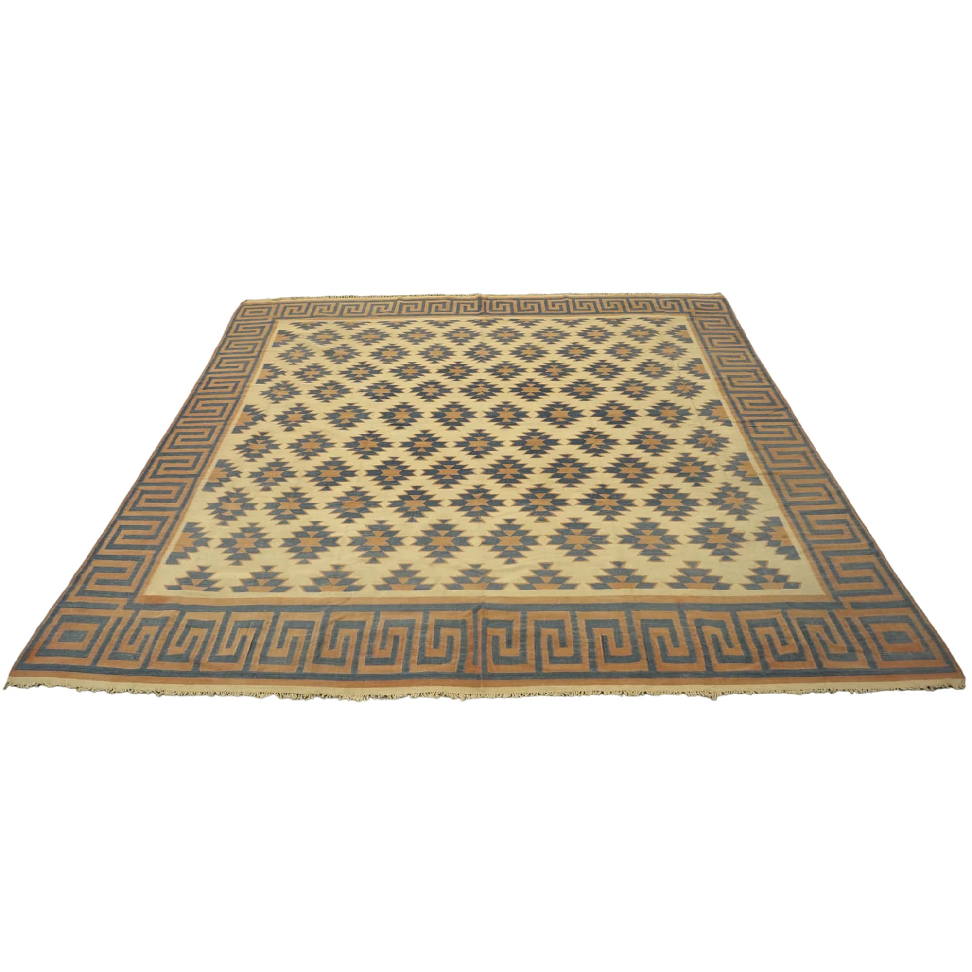 Geometrischer quadratischer Vintage-Dhurrie-Teppich von Rug & Kilim