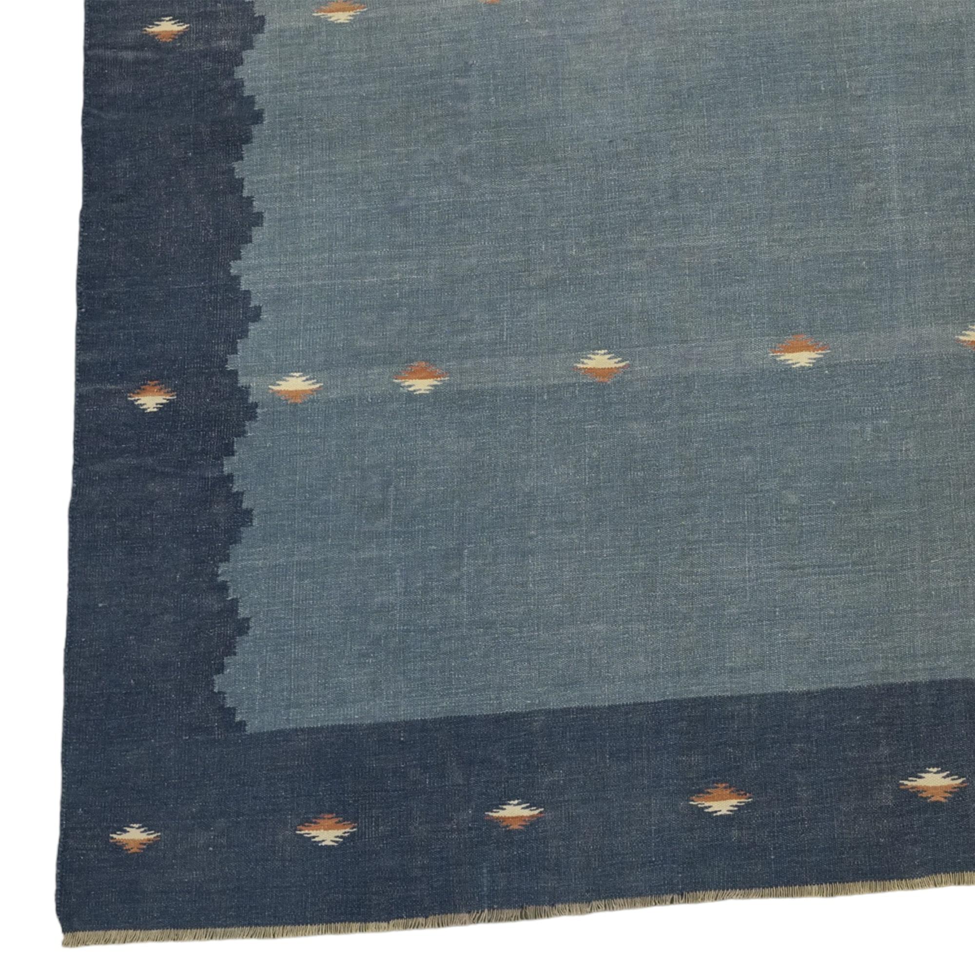 Hand-Woven Vintage Dhurrie Geometric Square Rug in Blue from Rug & Kilim For Sale