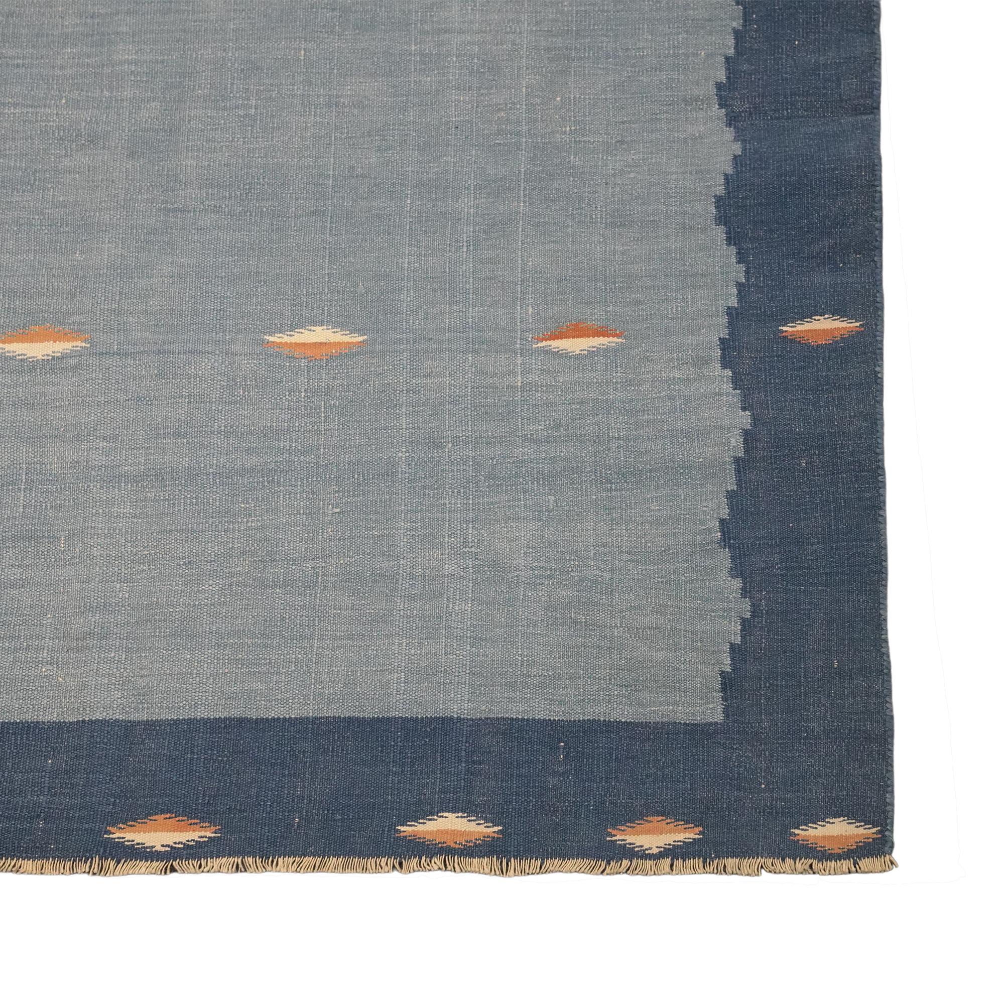Vintage Dhurrie Geometric Square Rug in Blue, from Rug & Kilim In Good Condition For Sale In Long Island City, NY