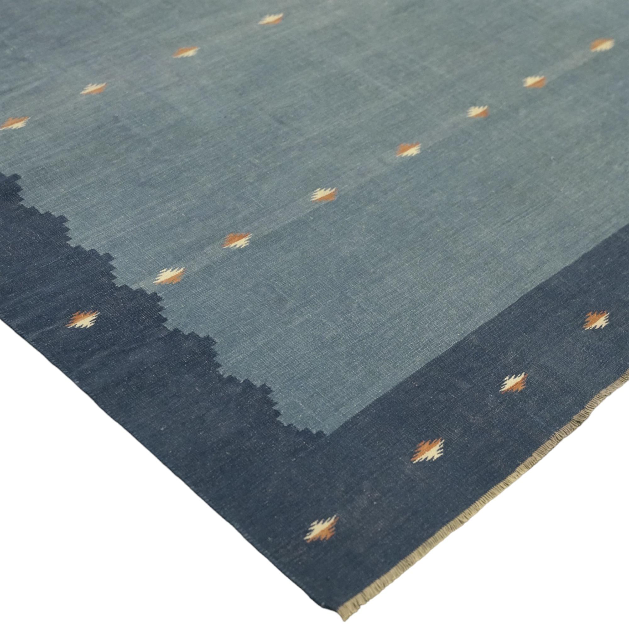 Vintage Dhurrie Geometric Square Rug in Blue from Rug & Kilim In Good Condition For Sale In Long Island City, NY