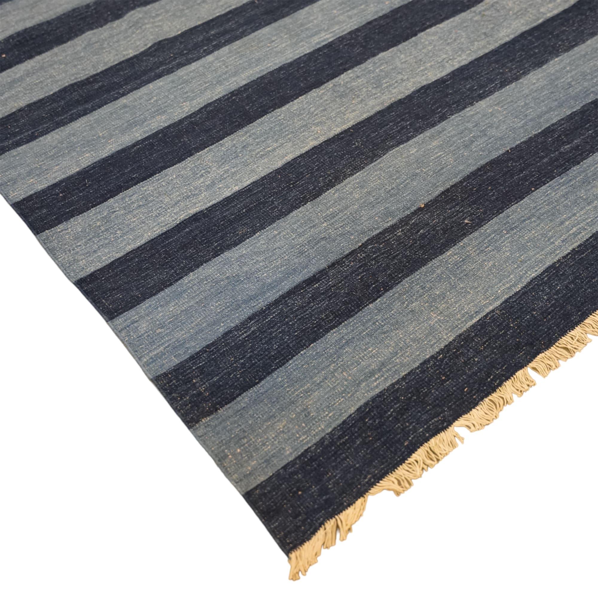 Hand-Woven Vintage Dhurrie Oversized Geometric Rug in Blue, from Rug & Kilim For Sale