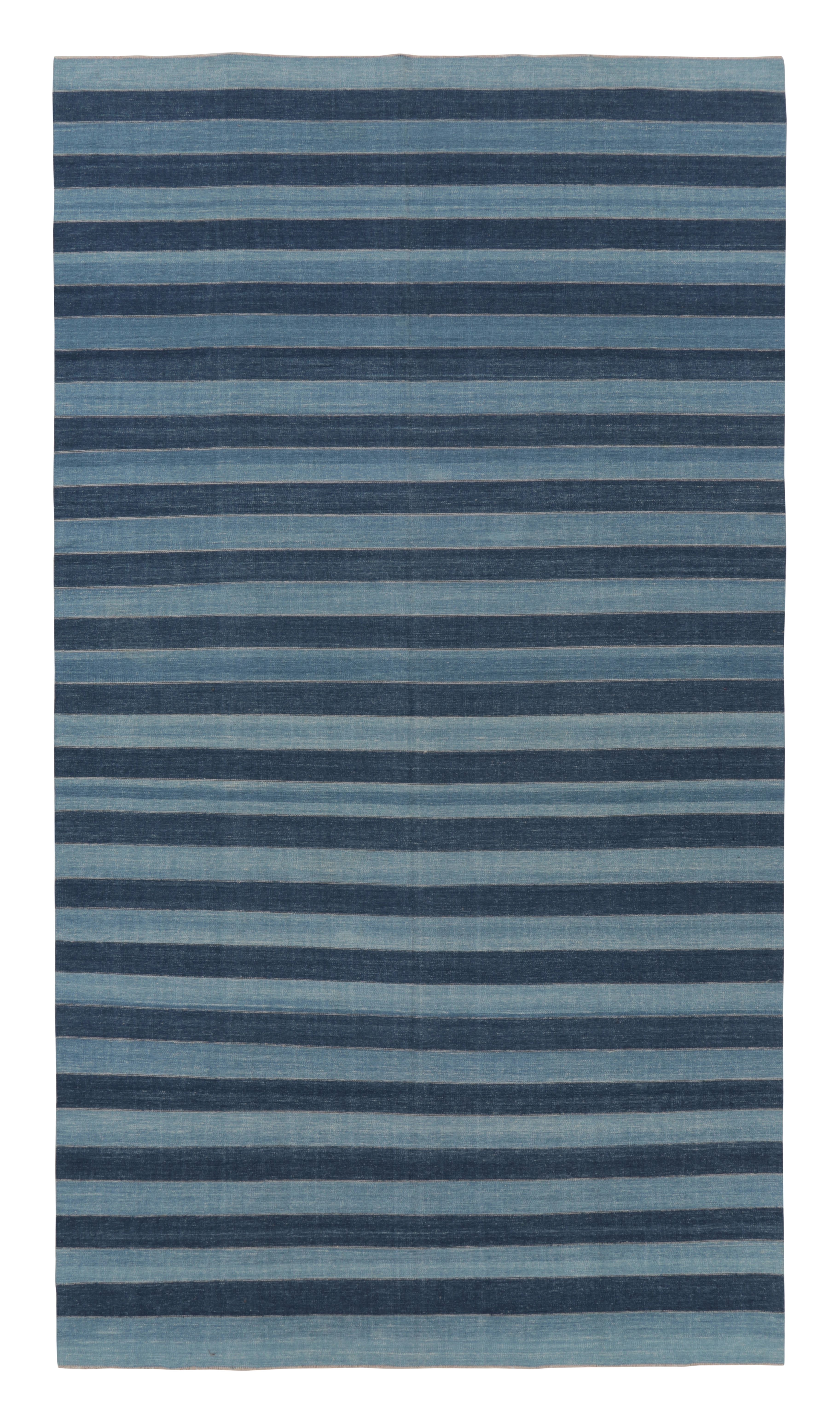 Vintage Dhurrie Rug, Gallery Runner in Navy and Sky Blue Stripes - Rug 
Kilim For Sale