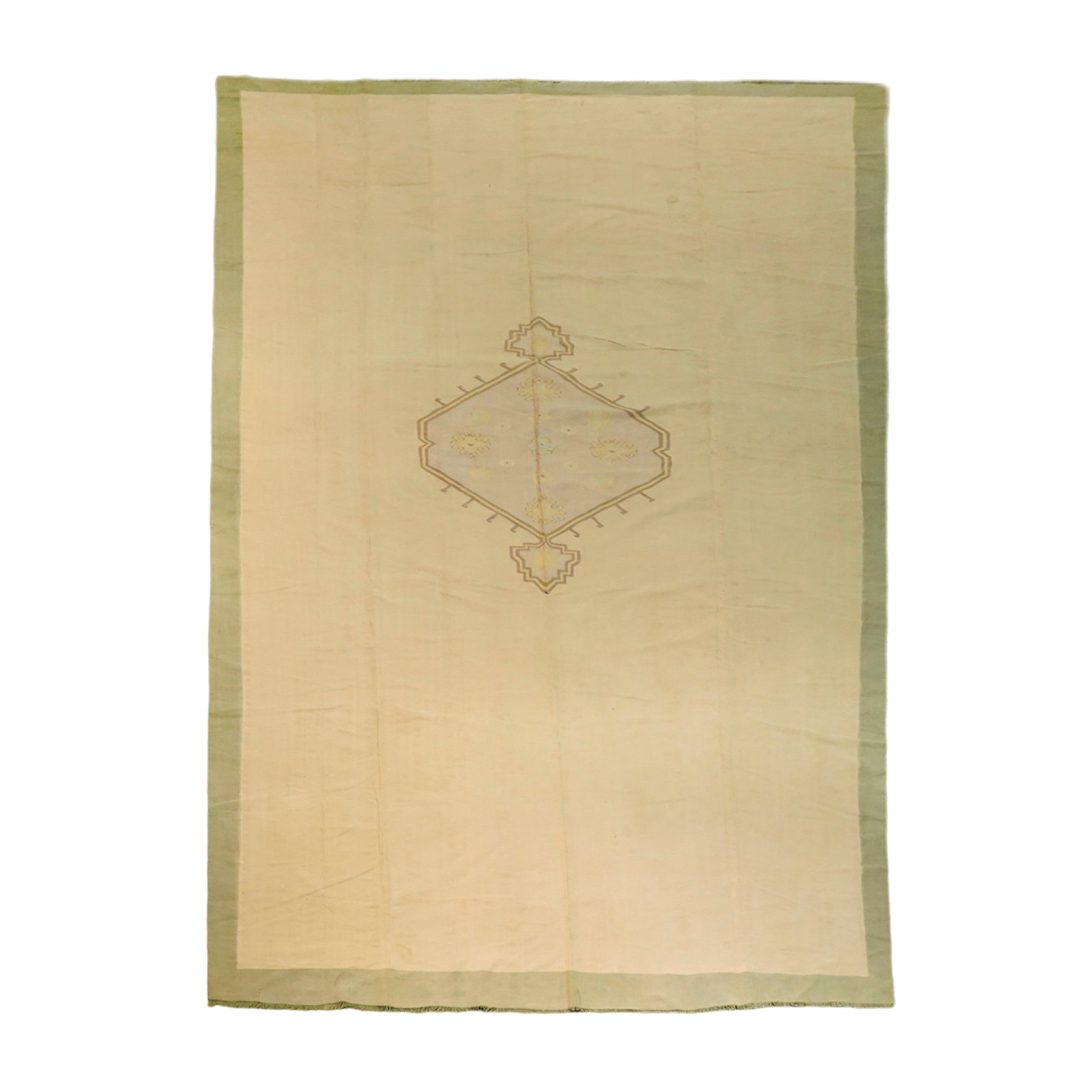 Tappeto vintage Dhurrie in beige e verde con medaglione  Rug & Kilim