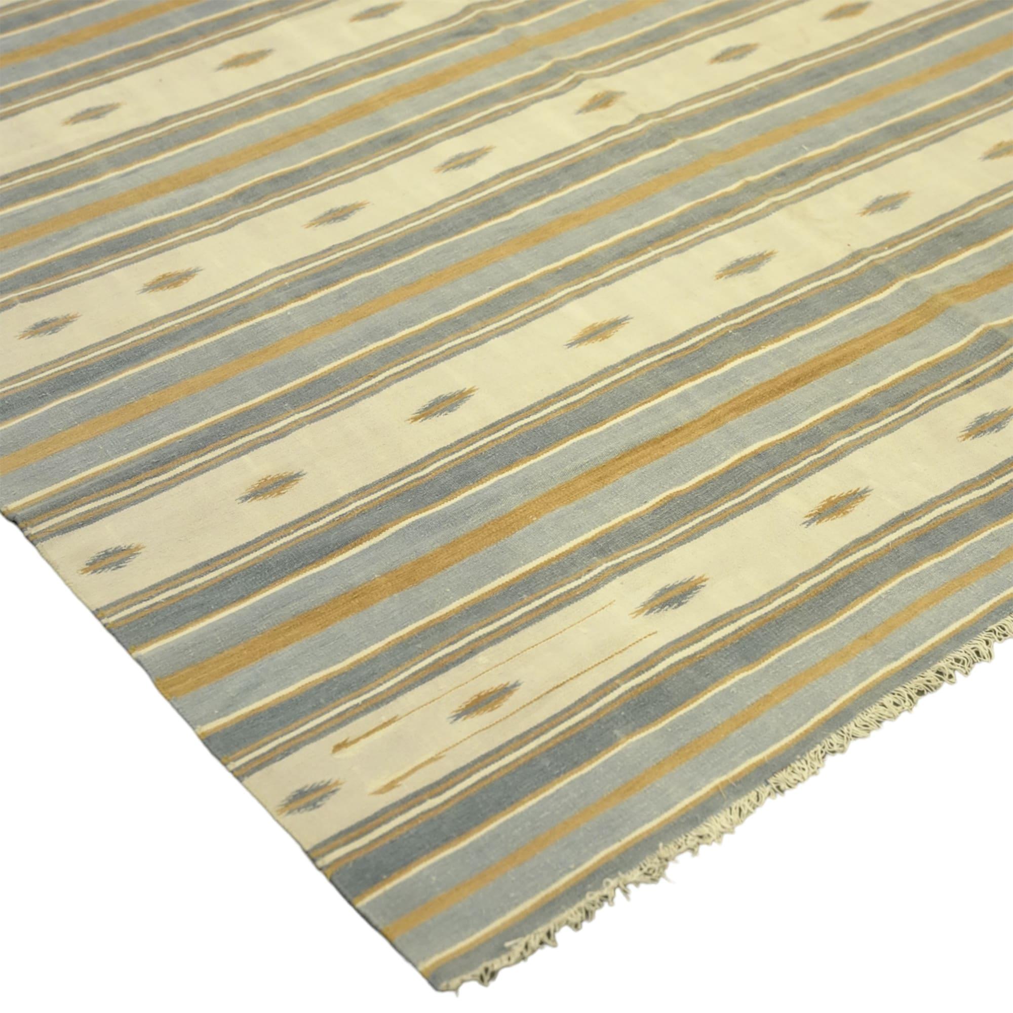 Hand-Woven Vintage Dhurrie Rug in Beige-Brownwith Stripes, from Rug & Kilim For Sale
