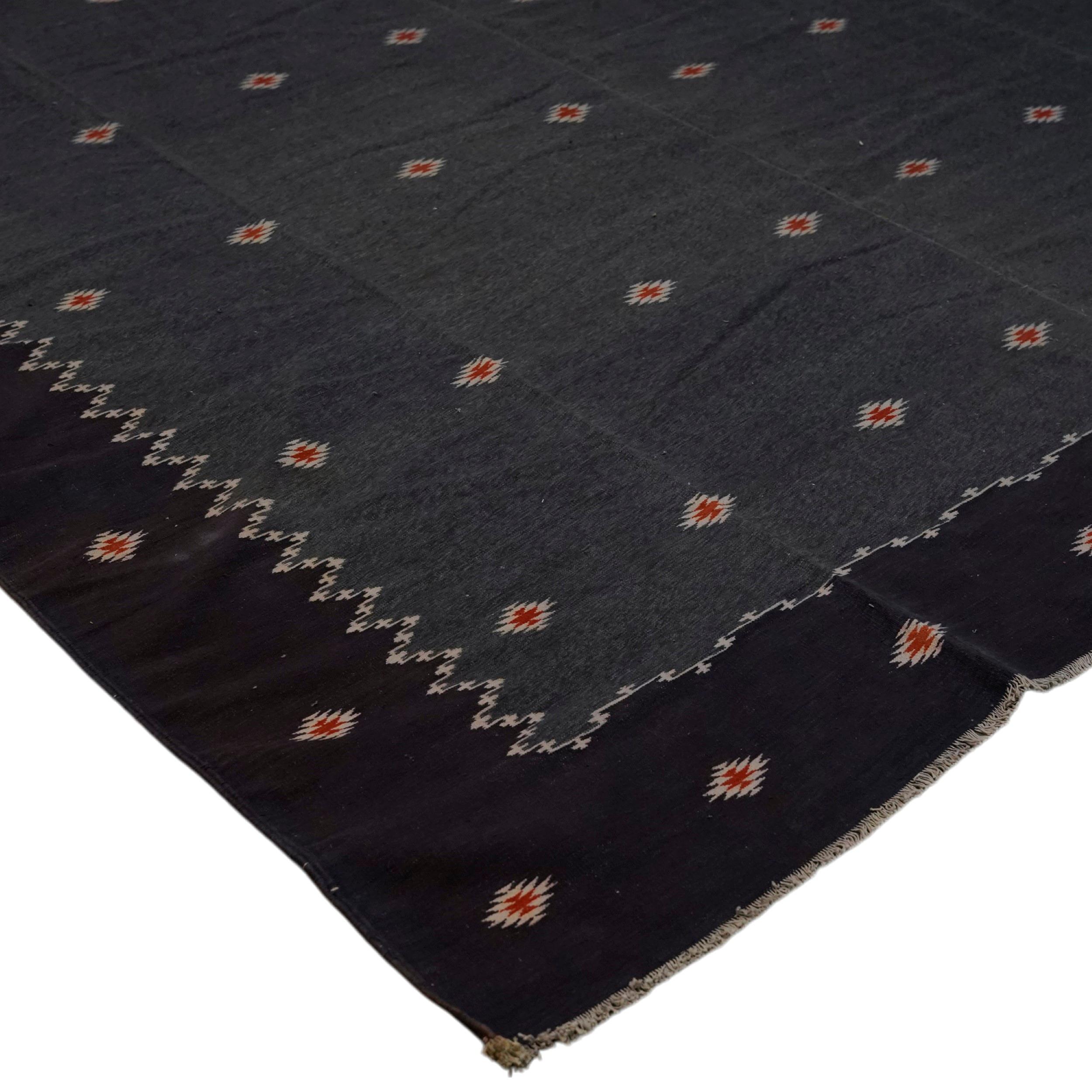 Indian Vintage Dhurrie Rug in Black with White and Red Geometric Patterns  Rug & Kilim For Sale