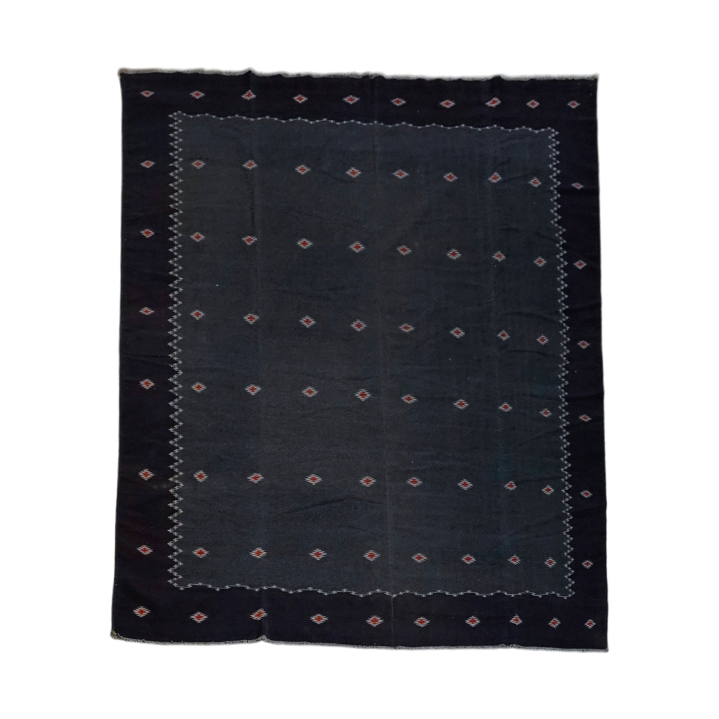 Vintage Dhurrie Rug in Black with White and Red Geometric Patterns  Rug & Kilim For Sale