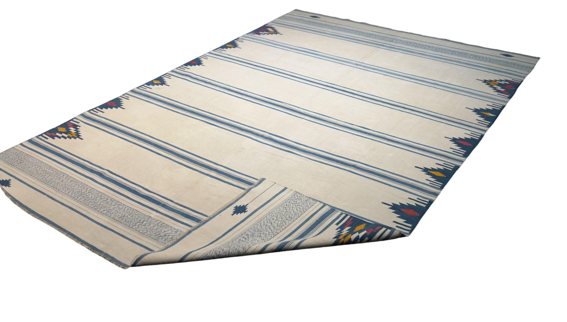 Hand-Woven Vintage Dhurrie Rug in Blue and Beigewith Stripes, from Rug & Kilim For Sale