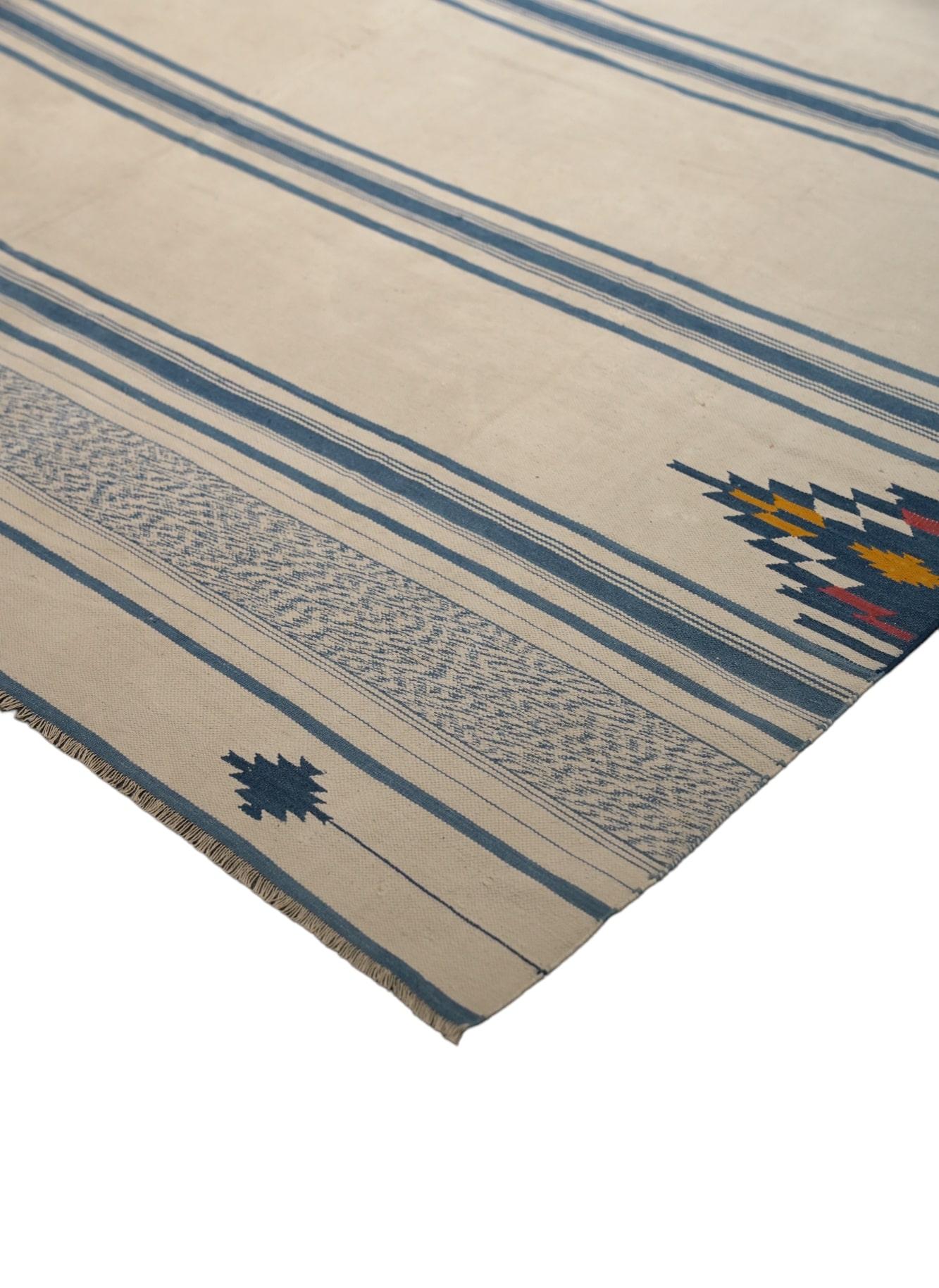 Vintage Dhurrie Rug in Blue and Beigewith Stripes, from Rug & Kilim In Good Condition For Sale In Long Island City, NY