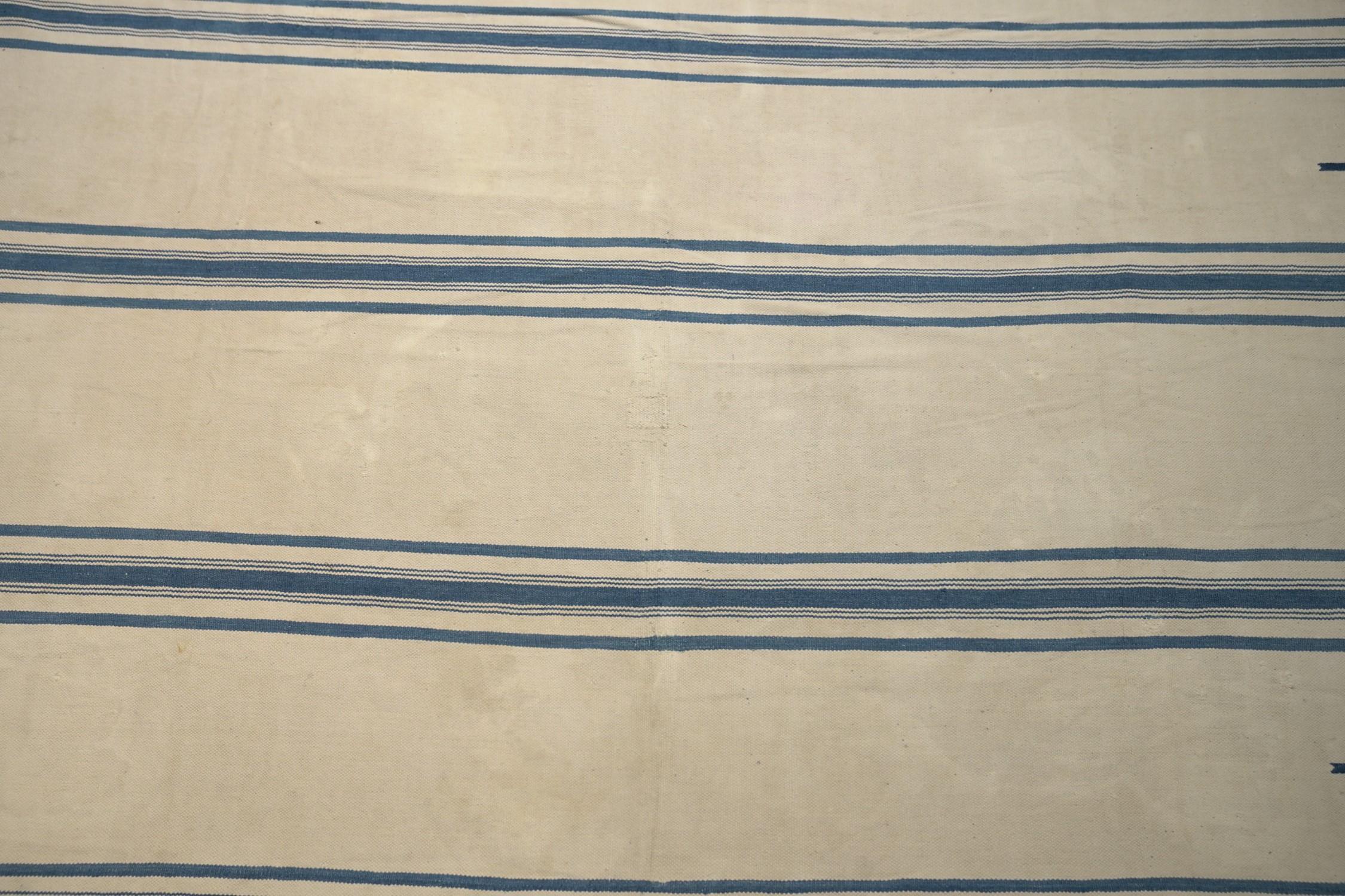 Mid-20th Century Vintage Dhurrie Rug in Blue and Beigewith Stripes, from Rug & Kilim For Sale
