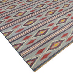 Vintage Dhurrie Rug in Blue and Brown with Geometric Patterns  Rug & Kilim