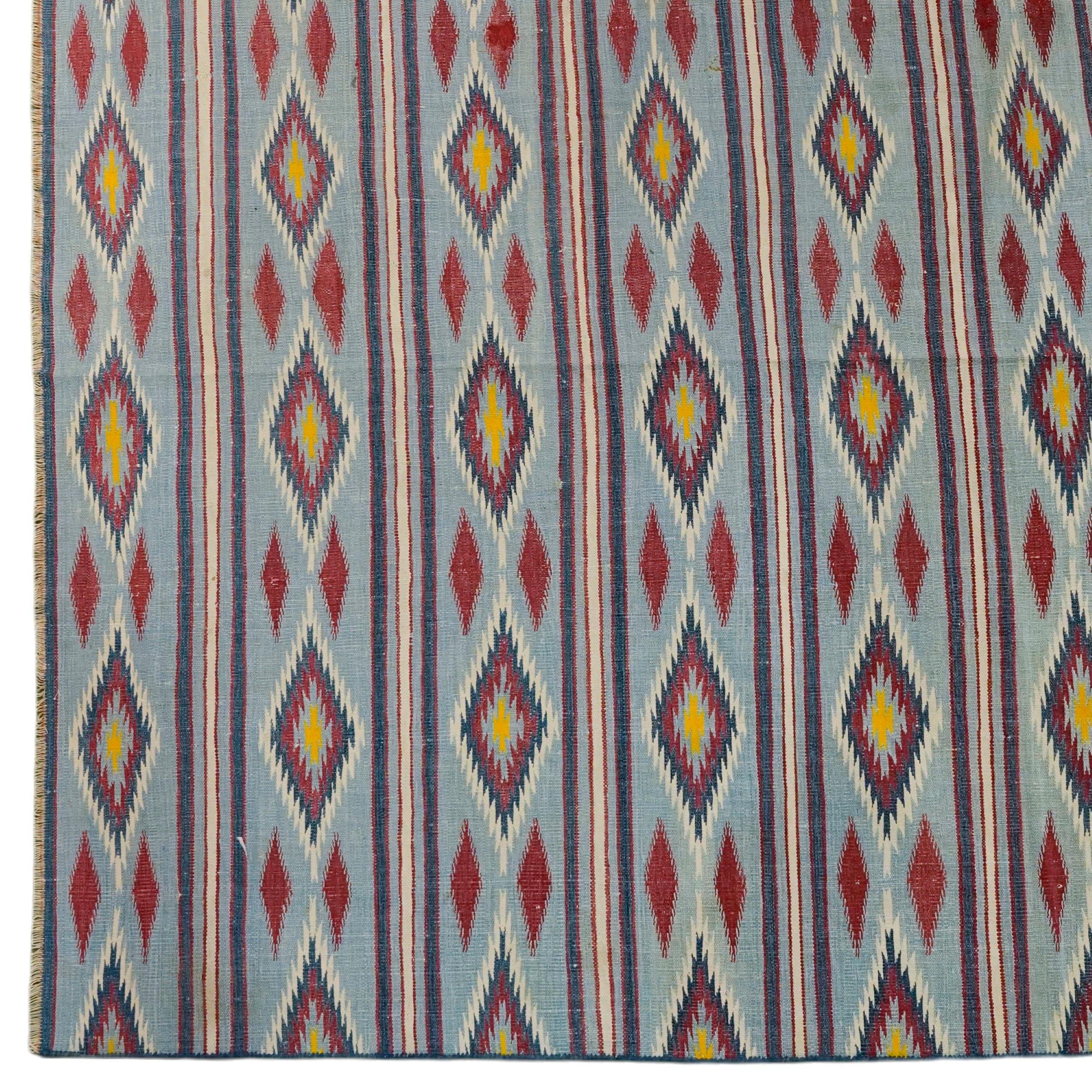 Indian Vintage Dhurrie Rug in Blue and Brown with Geometric Patterns  Rug & Kilim For Sale