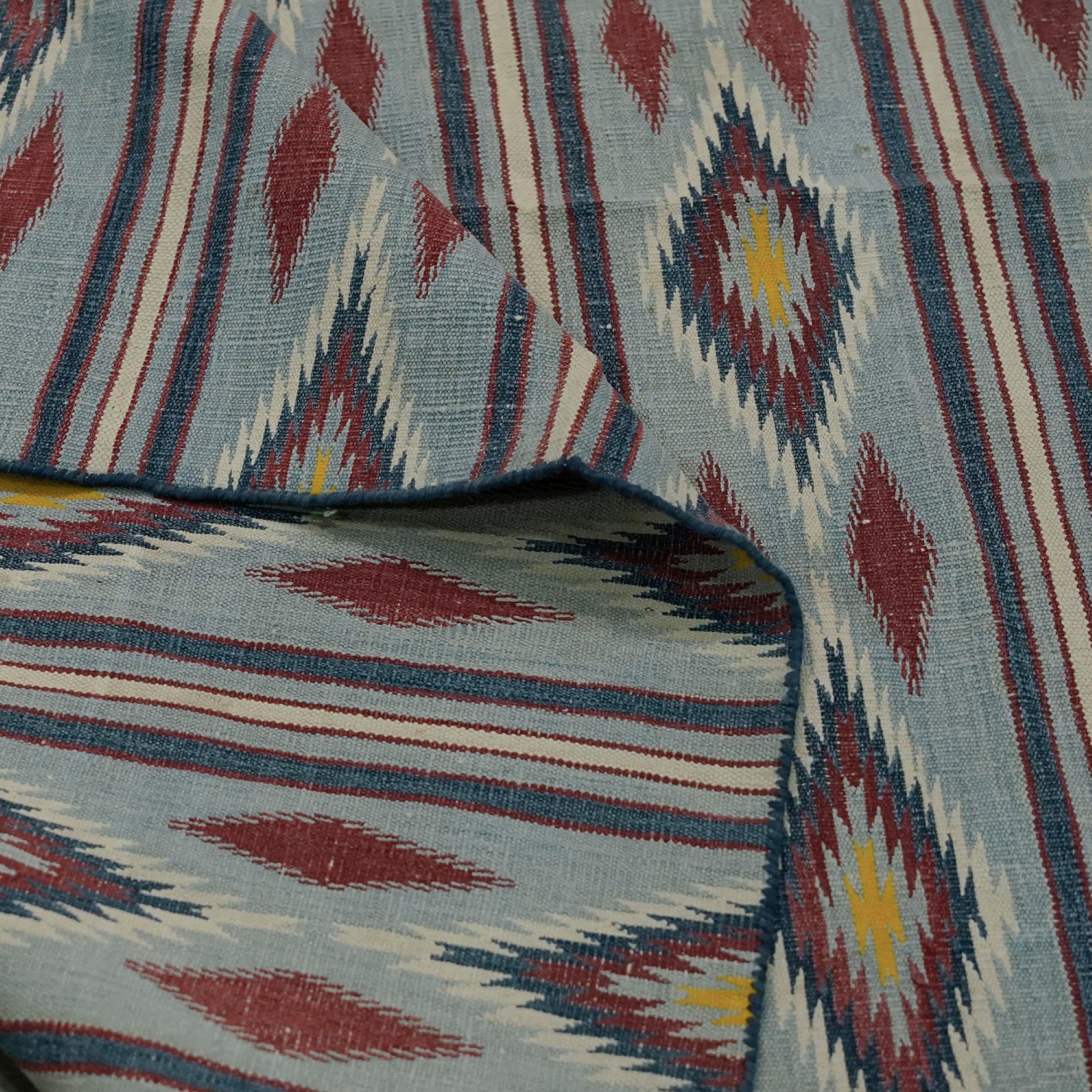Hand-Woven Vintage Dhurrie Rug in Blue and Brown with Geometric Patterns  Rug & Kilim For Sale
