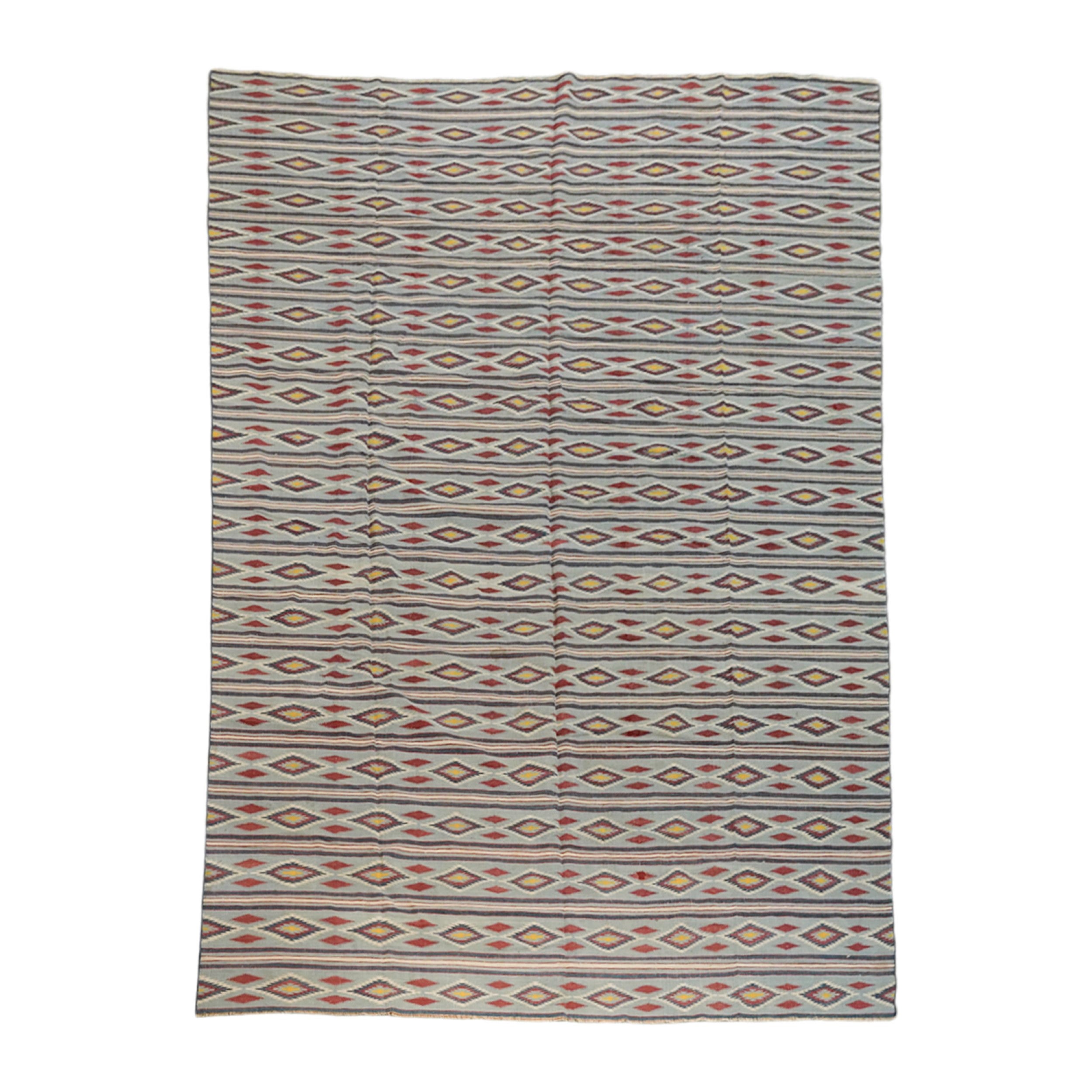 Vintage Dhurrie Rug in Blue and Brown with Geometric Patterns  Rug & Kilim