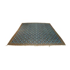 Tapis Dhurrie vintage bleu et or à motifs géométriques  Rug & Kilim