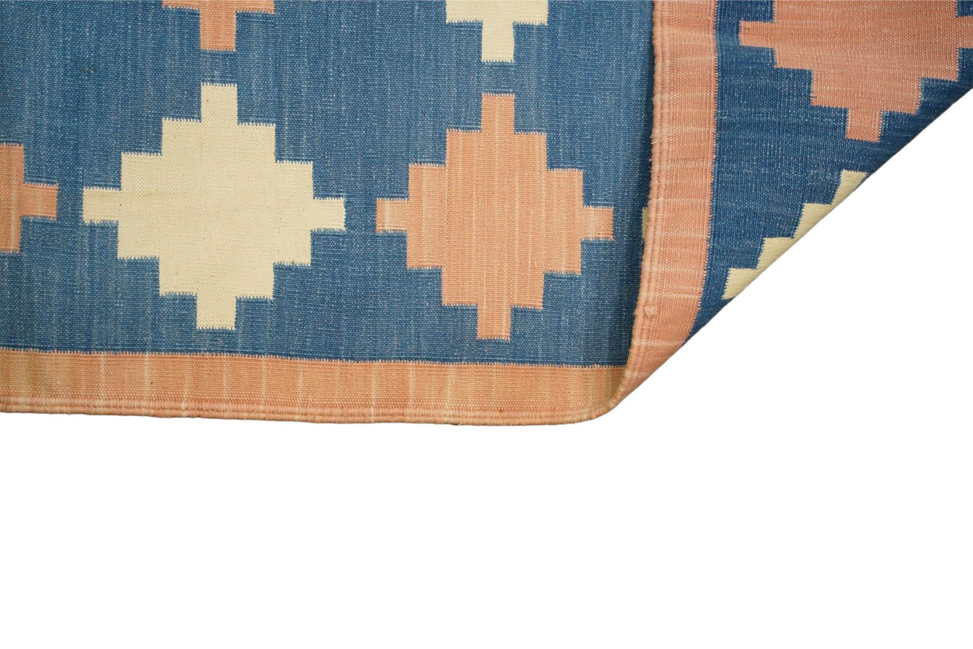Indian Vintage Dhurrie Rug in Blue and White Geometric Pattern, from Rug & Kilim     For Sale