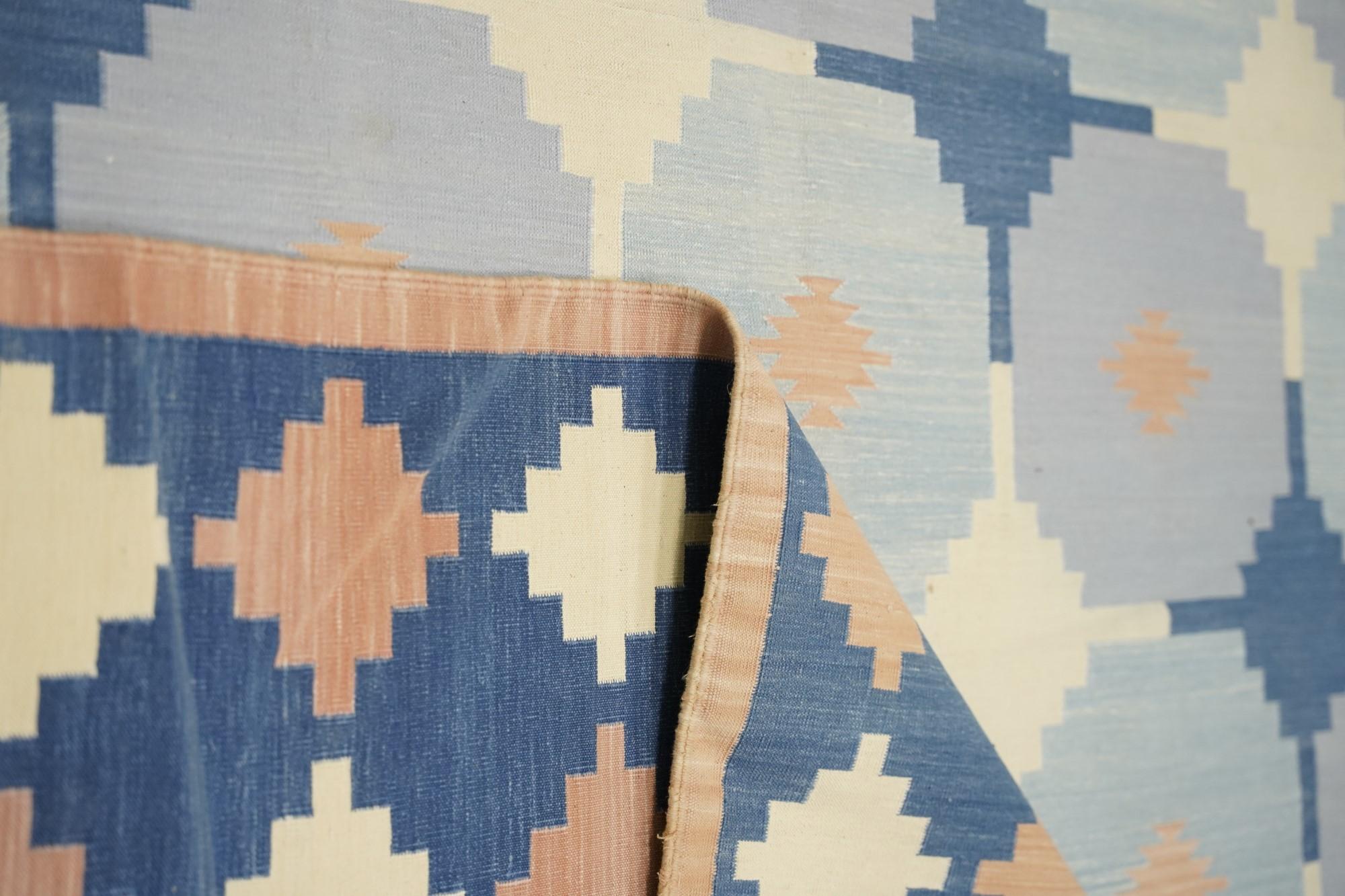 Hand-Woven Vintage Dhurrie Rug in Blue and White Geometric Pattern, from Rug & Kilim For Sale