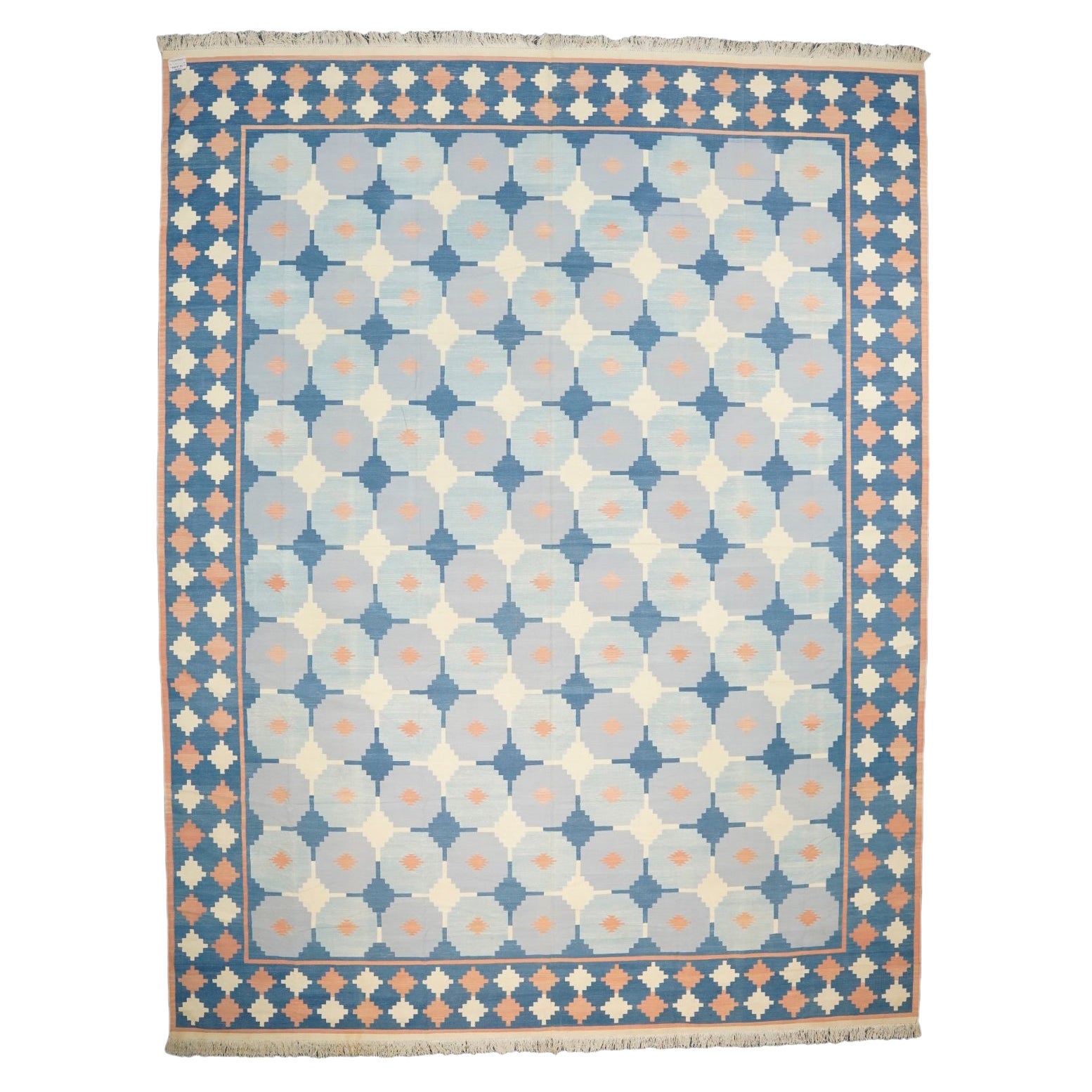 Vintage Dhurrie Vintage-Teppich in Blau und Weiß mit geometrischem Muster, von Rug & Kilim