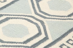 Vintage Dhurrie Rug in Blue, Beige and Cream Medallions and Geometric Border