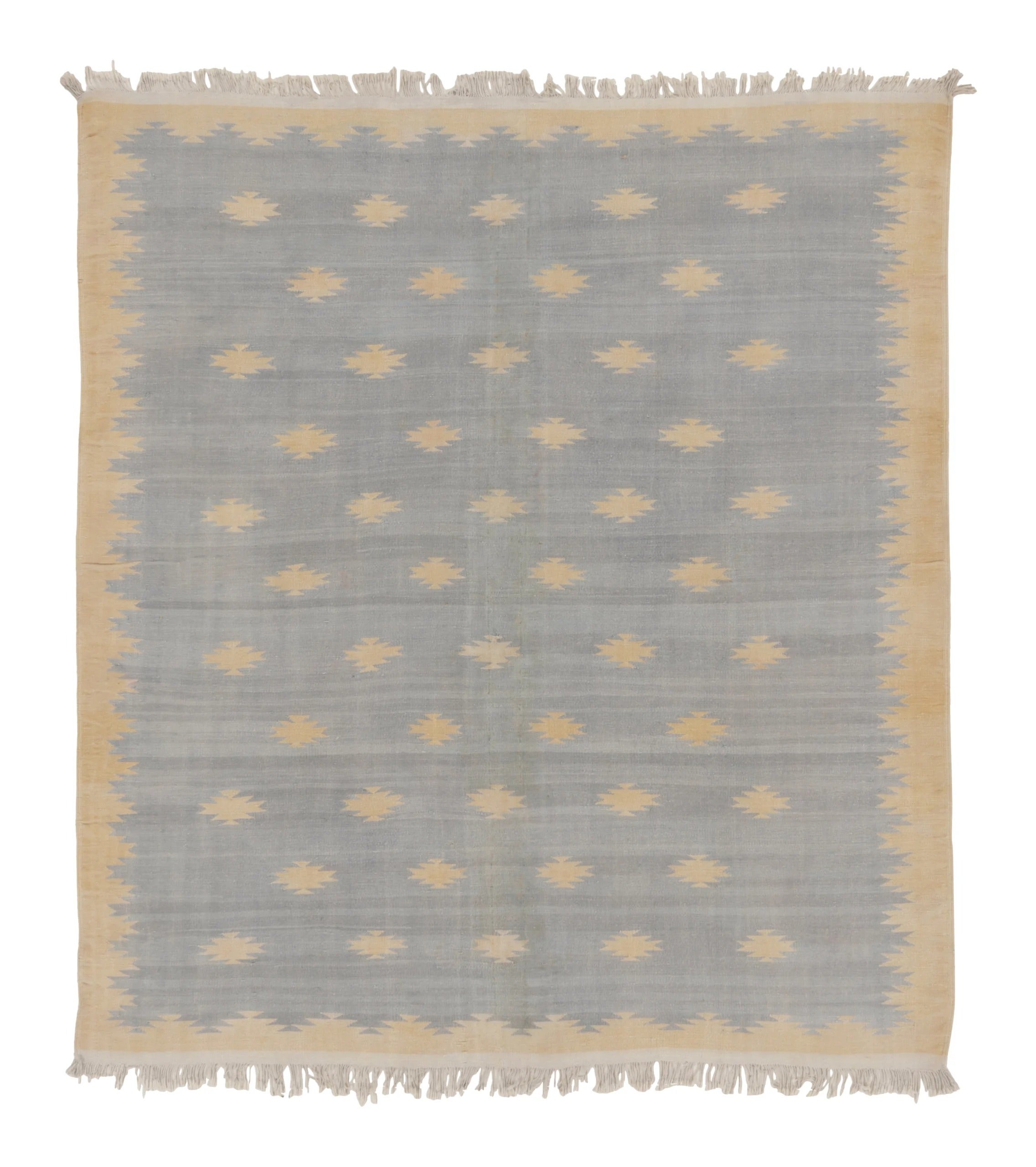 Vintage Dhurrie Rug in Blue & Beige with Geometric Stepped Motifs - Rug & Kilim