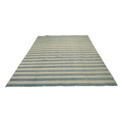 Vintage Dhurrie Rug in Blue Stripes with Gold and Pink Accents  Rug & Kilim