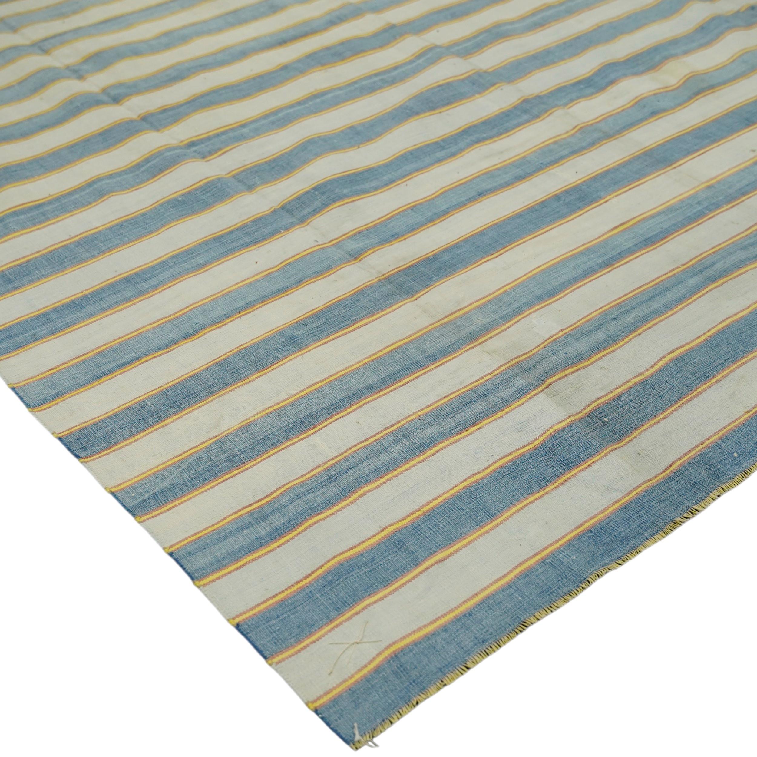Indian Vintage Dhurrie Rug in Blue Stripes with Gold and Pink Accents  Rug & Kilim For Sale
