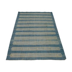 Vintage Dhurrie Rug in Blue with Beige Geometric Patterns  Rug & Kilim