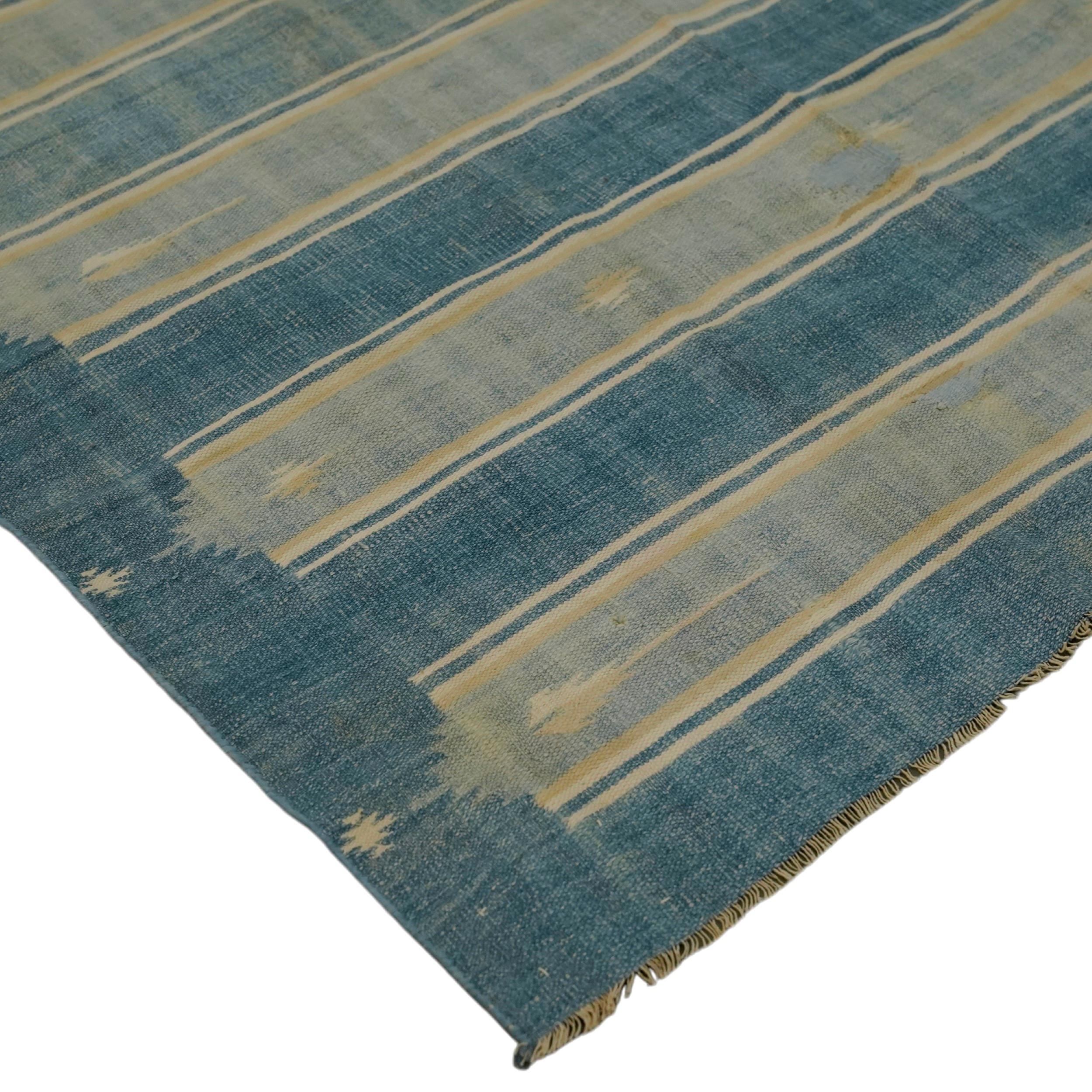 Indian Vintage Dhurrie Rug in Blue with Beige Geometric Patterns  Rug & Kilim For Sale