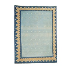 Alfombra Dhurrie Vintage Azul con Motivos Geométricos Beige  Rug & Kilim