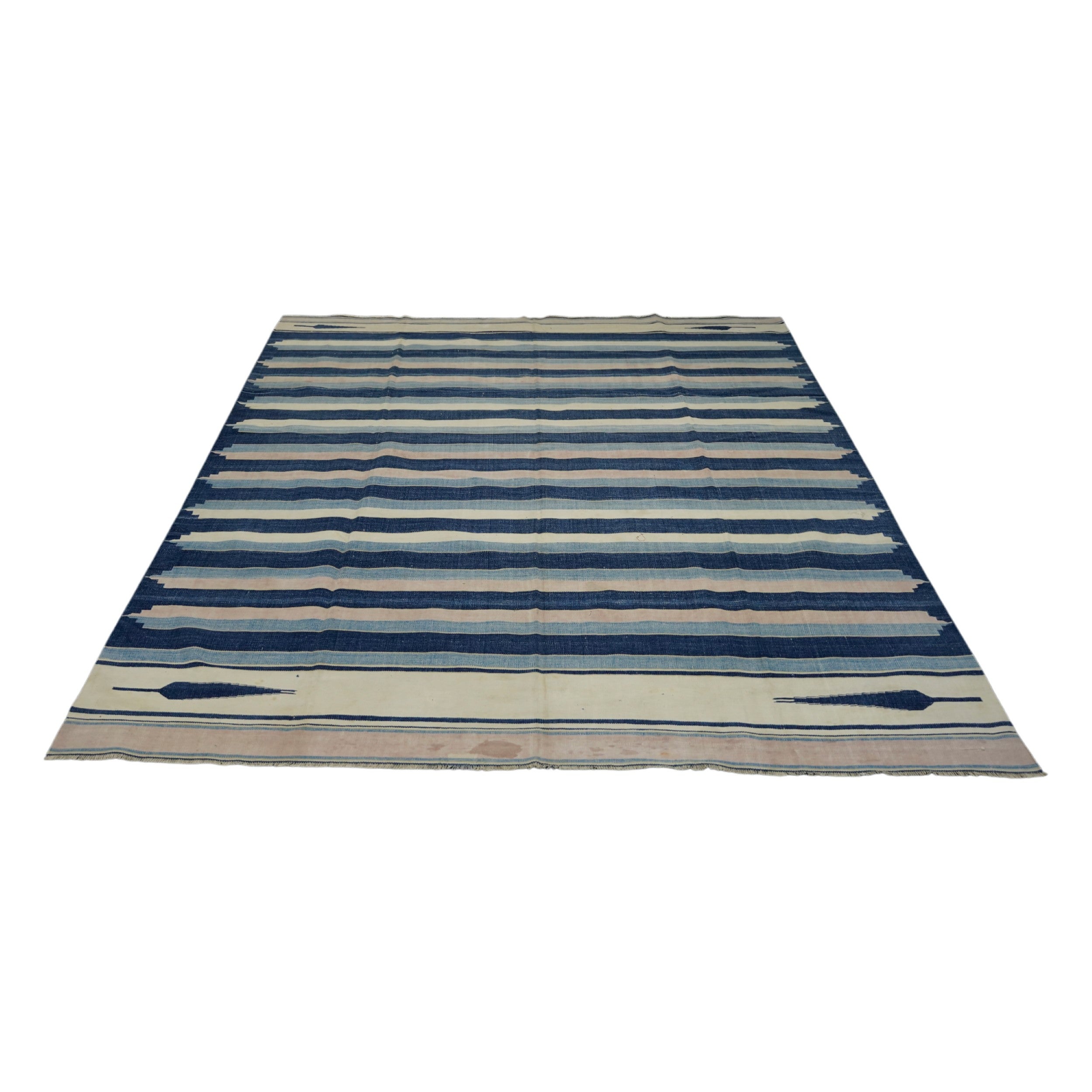 Vintage Dhurrie Rug in Blue with Cream and Pink Stripes  Rug & Kilim