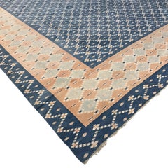 Vintage Dhurrie Rug in Blue with Cream Geometric Patterns  Rug & Kilim