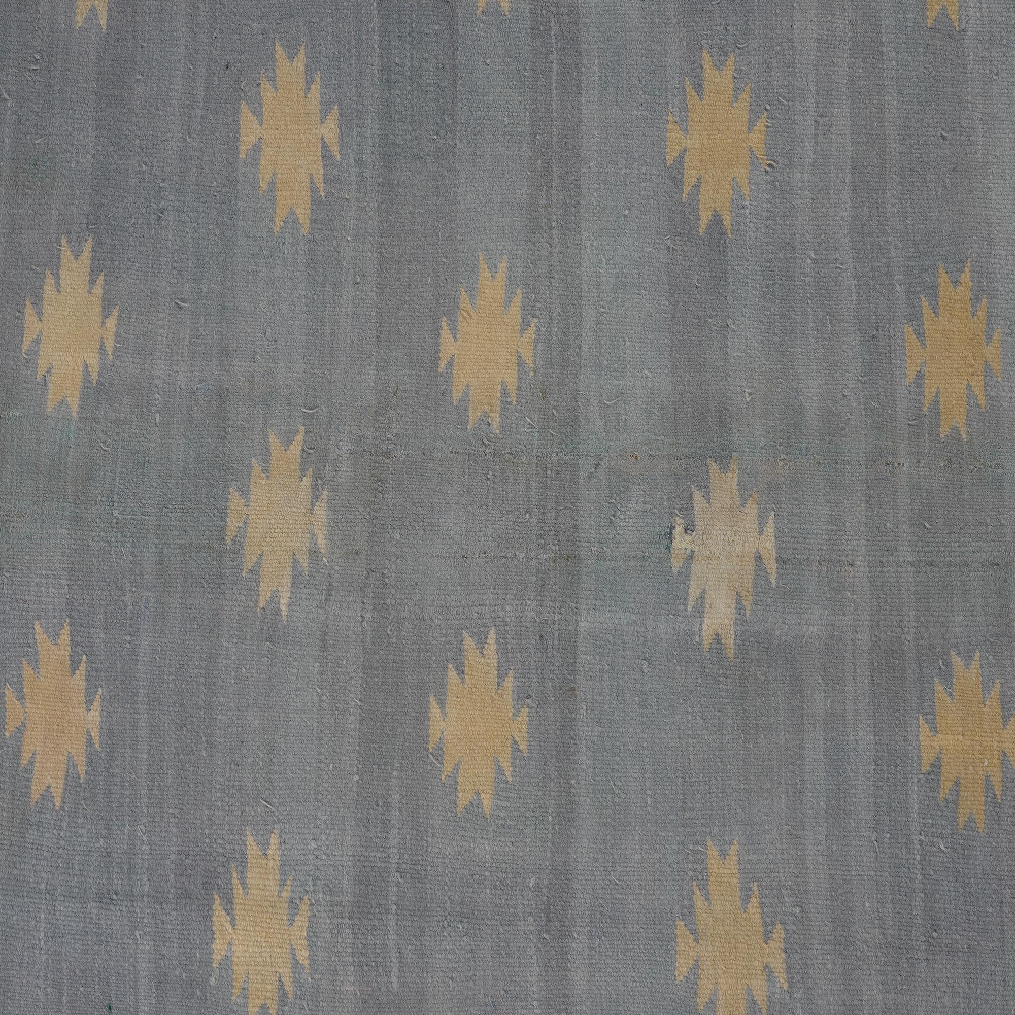 Vintage Dhurrie-Teppich in Blau mit geometrischem Muster in Blau mit Beige-Braun (Handgewebt) im Angebot
